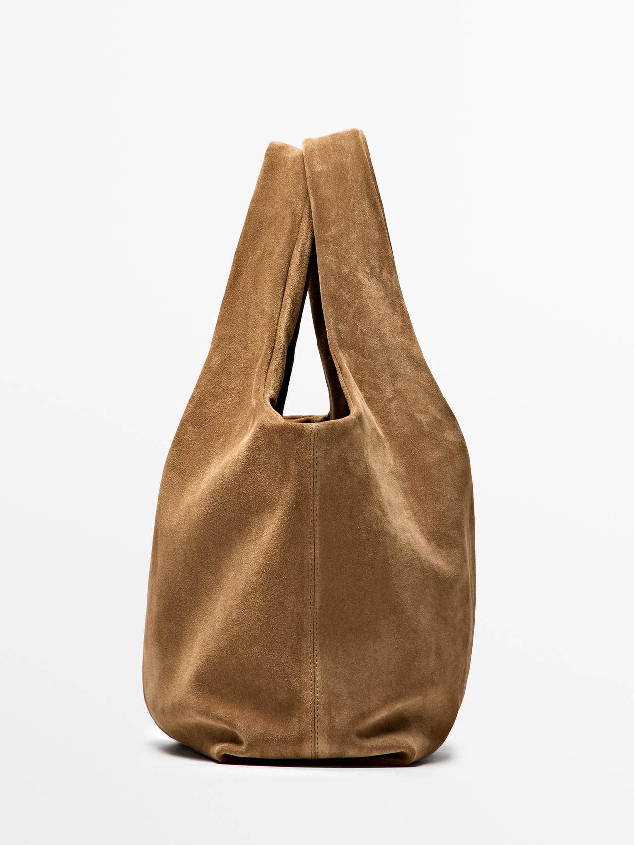 Medium split leather shopper bag — SAND