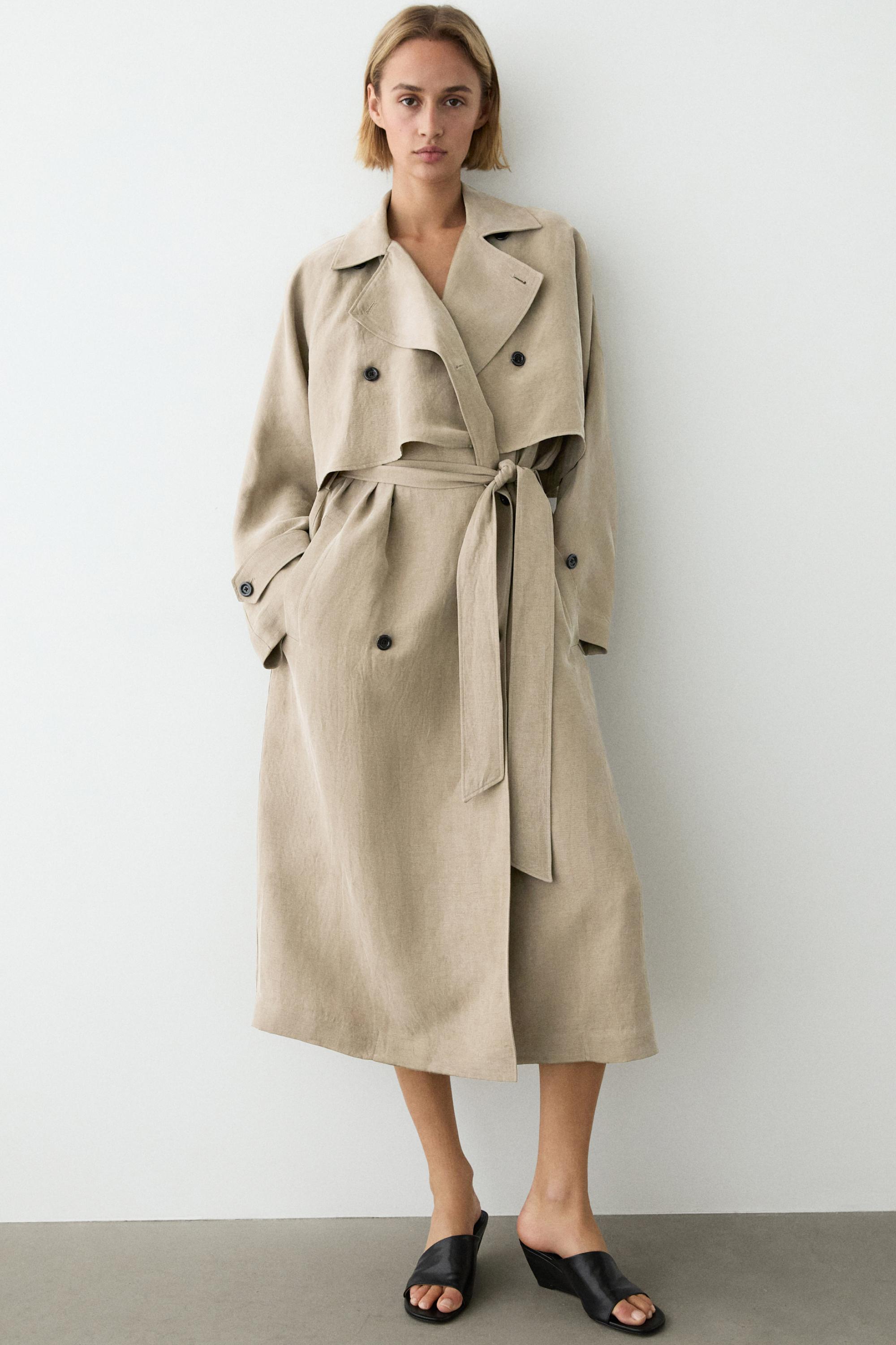 Linen blend trench coat with belt detail — SAND BROWN