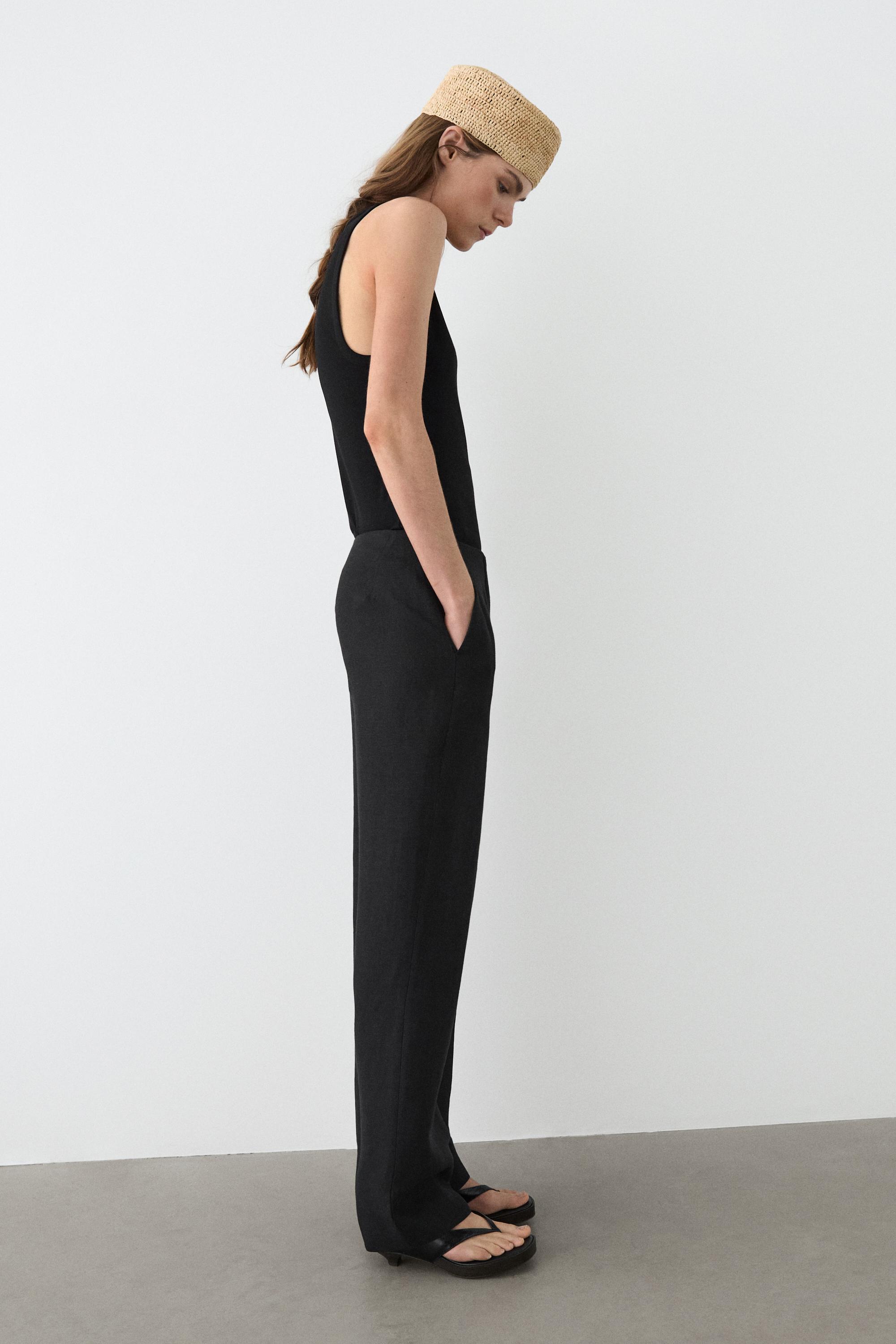 Flowing straight-leg linen trousers — BLACK