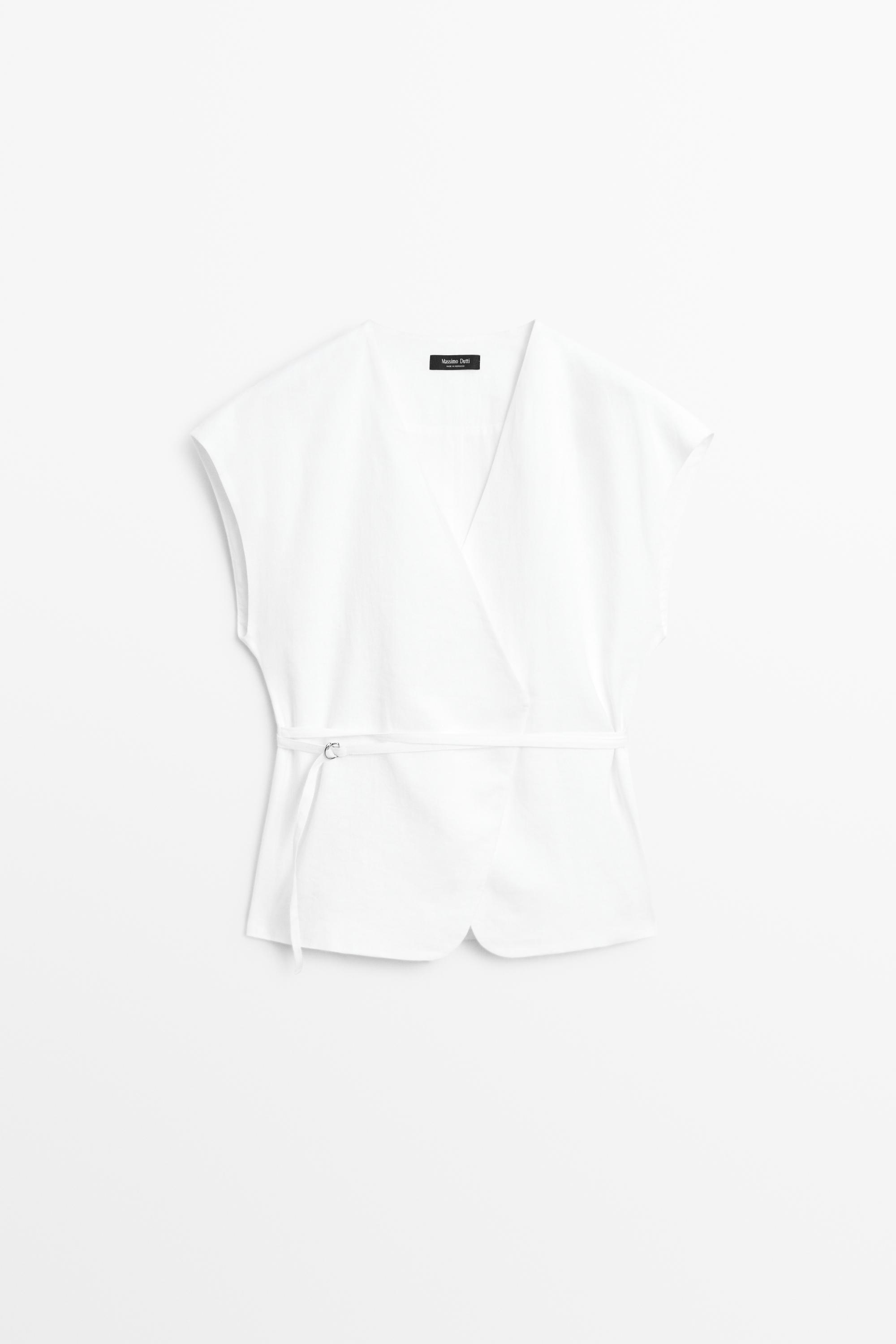 100% linen surplice waistcoat with tie detail — Off white