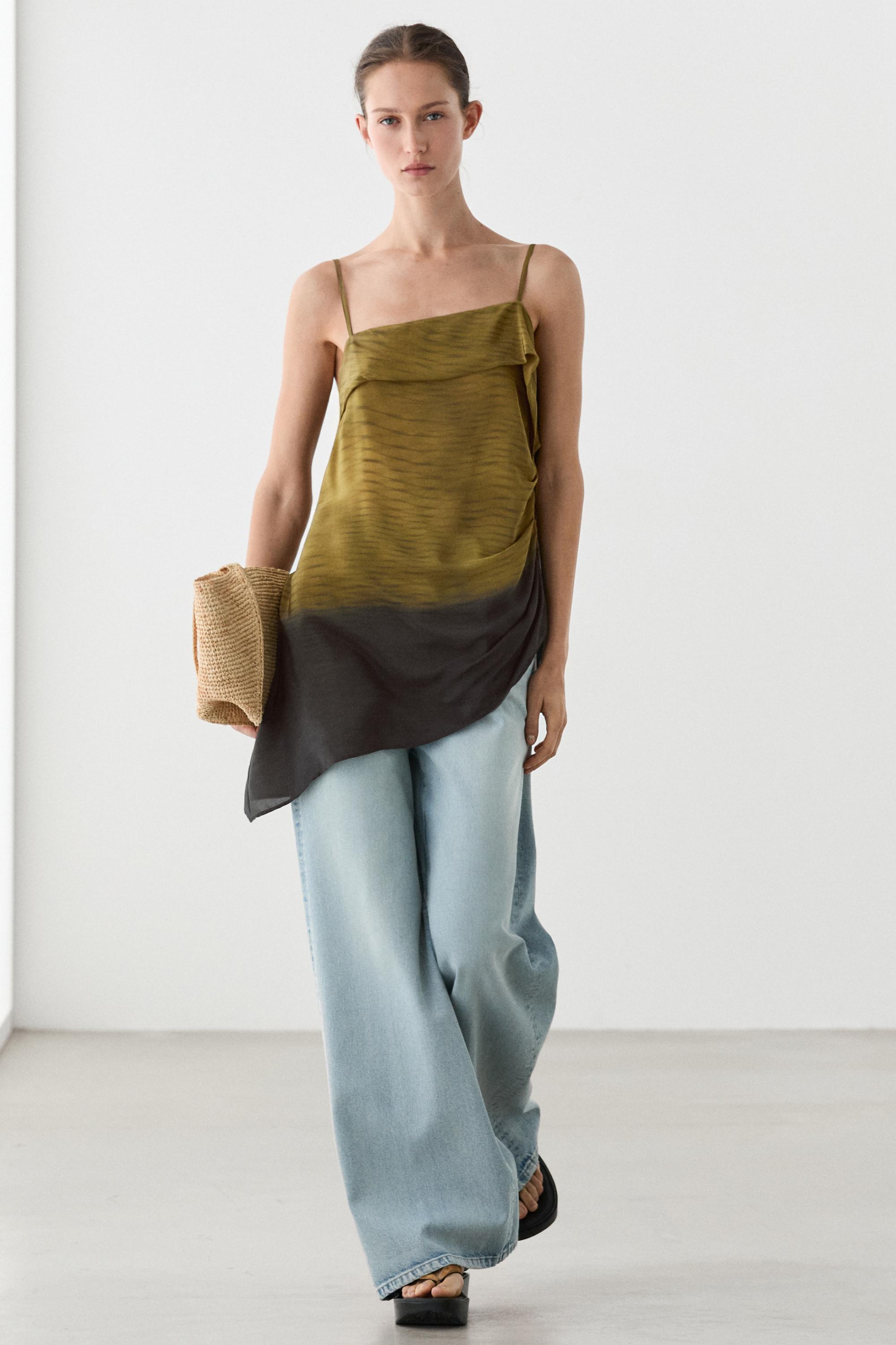 Asymmetric strappy top with draped detail — KHAKI GREEN