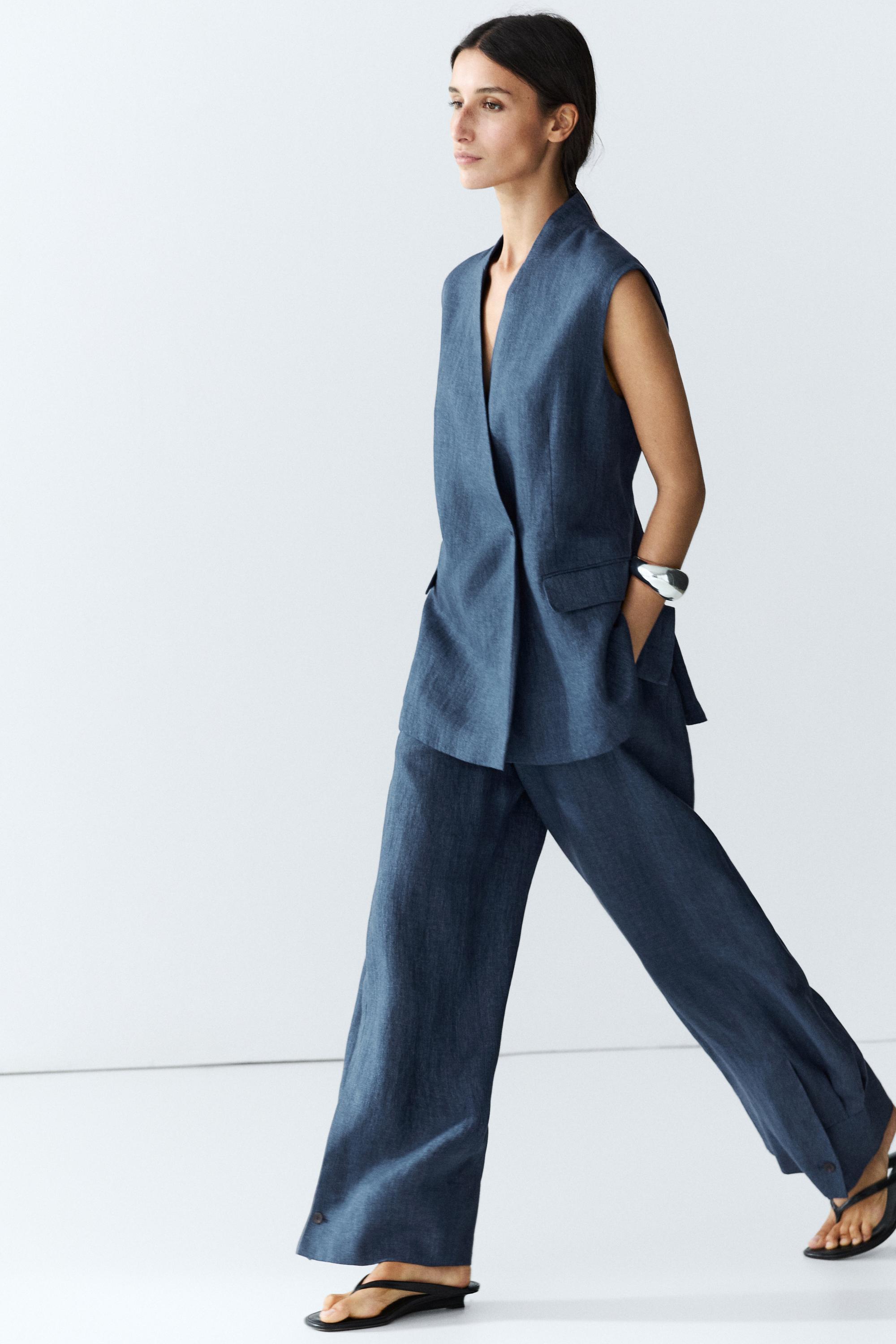 Linen crossover total look vest — NAVY BLUE