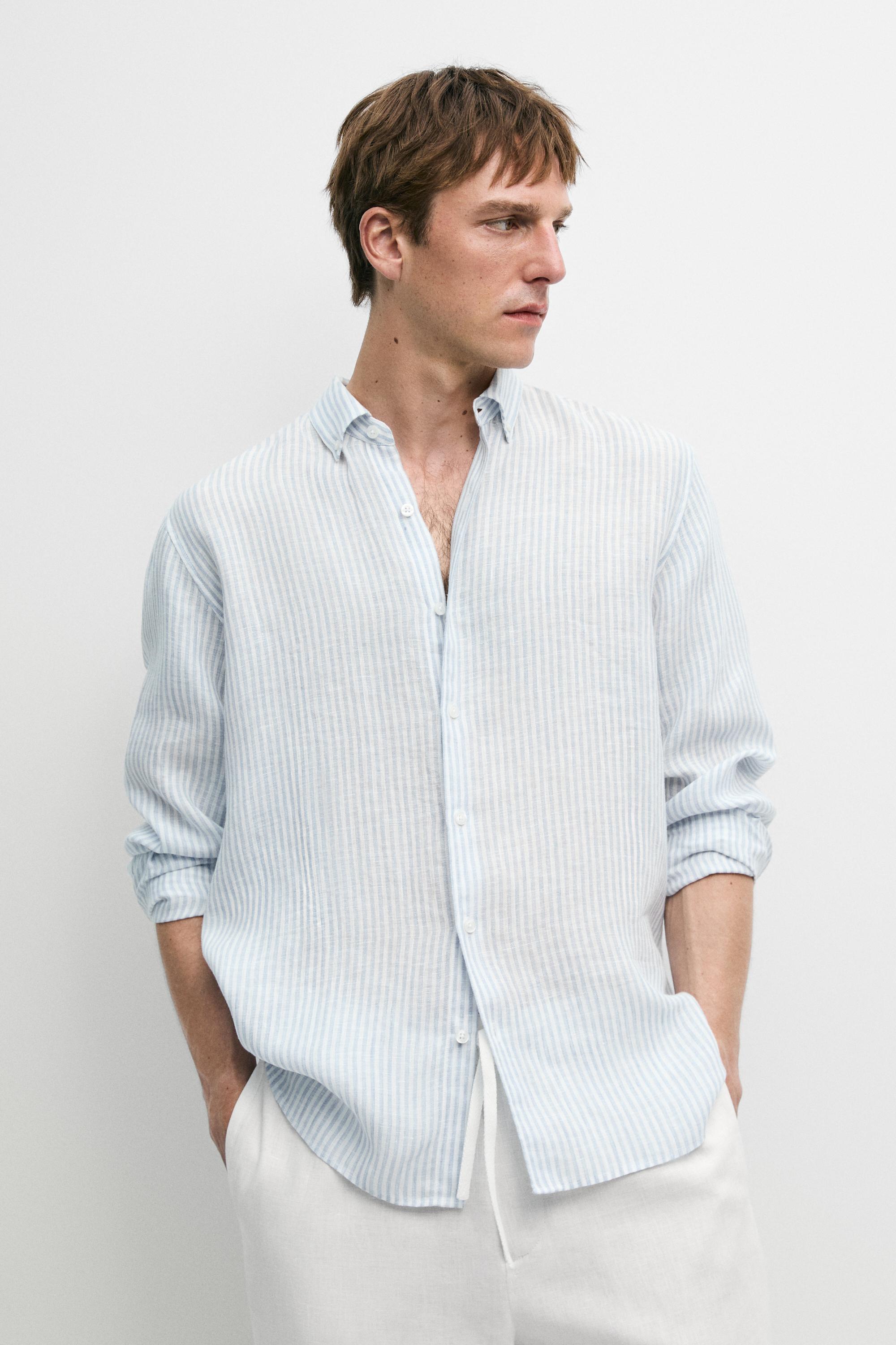 Massimo Dutti Regular fit çizgili %100 keten gömlek görsel 2