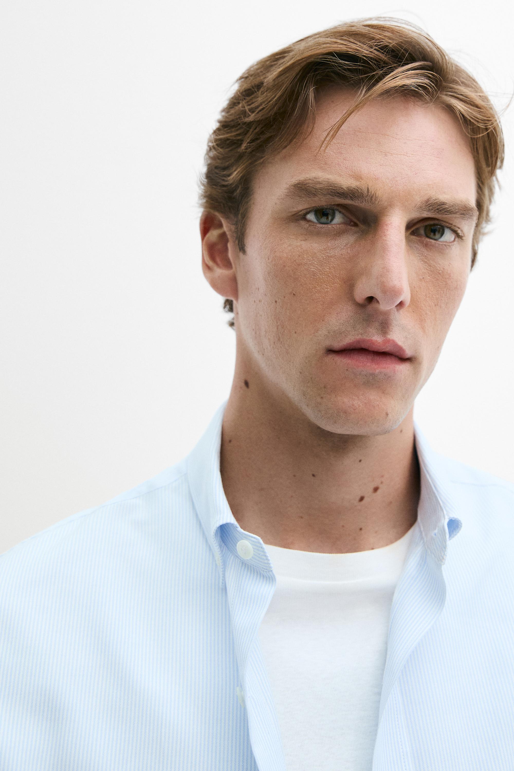 100% cotton regular fit striped shirt — SKY BLUE