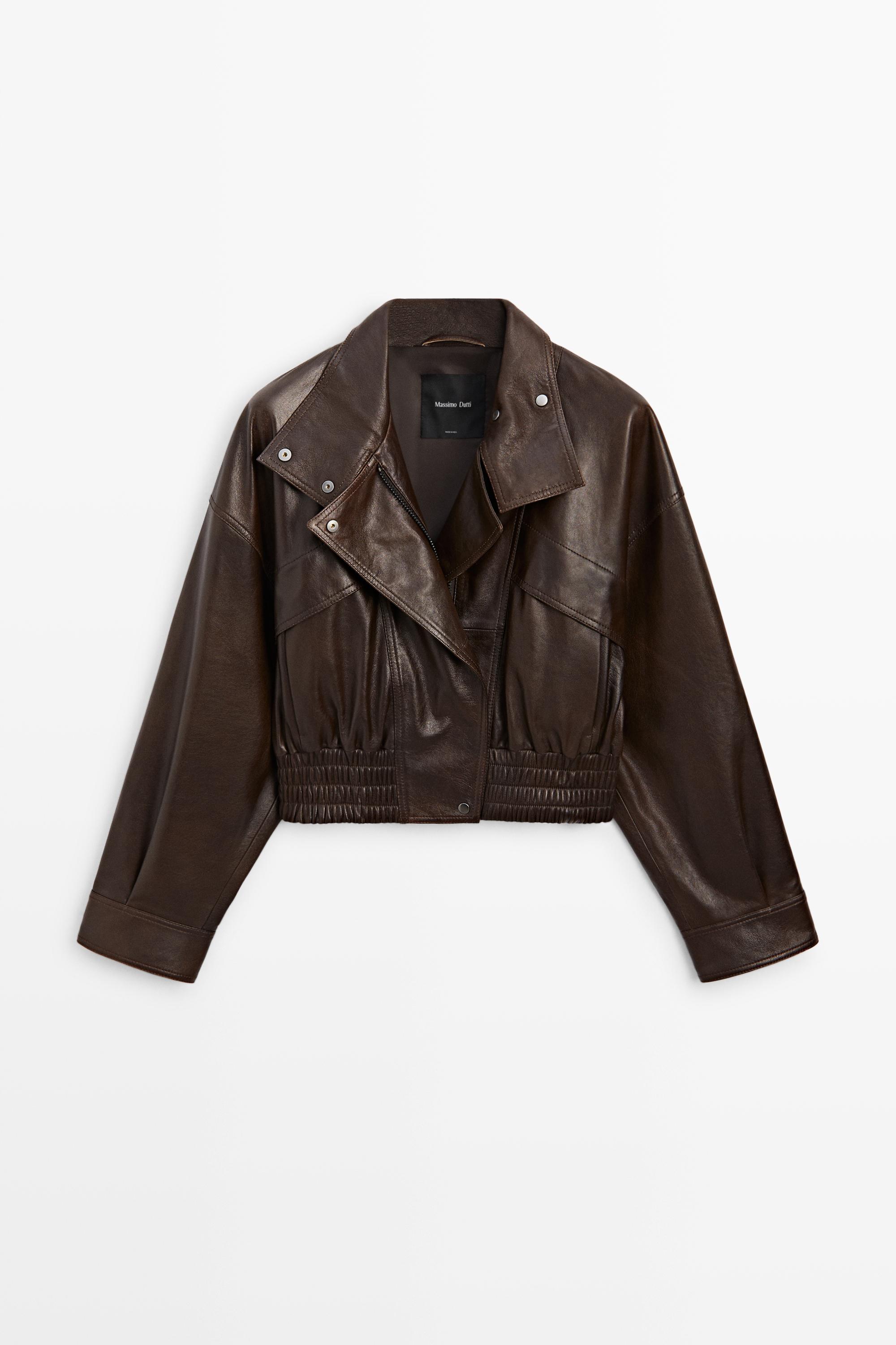Cropped nappa leather bomber jacket — BROWN