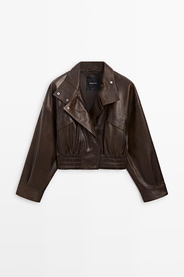 Short nappa leather bomber jacket — BROWN 2