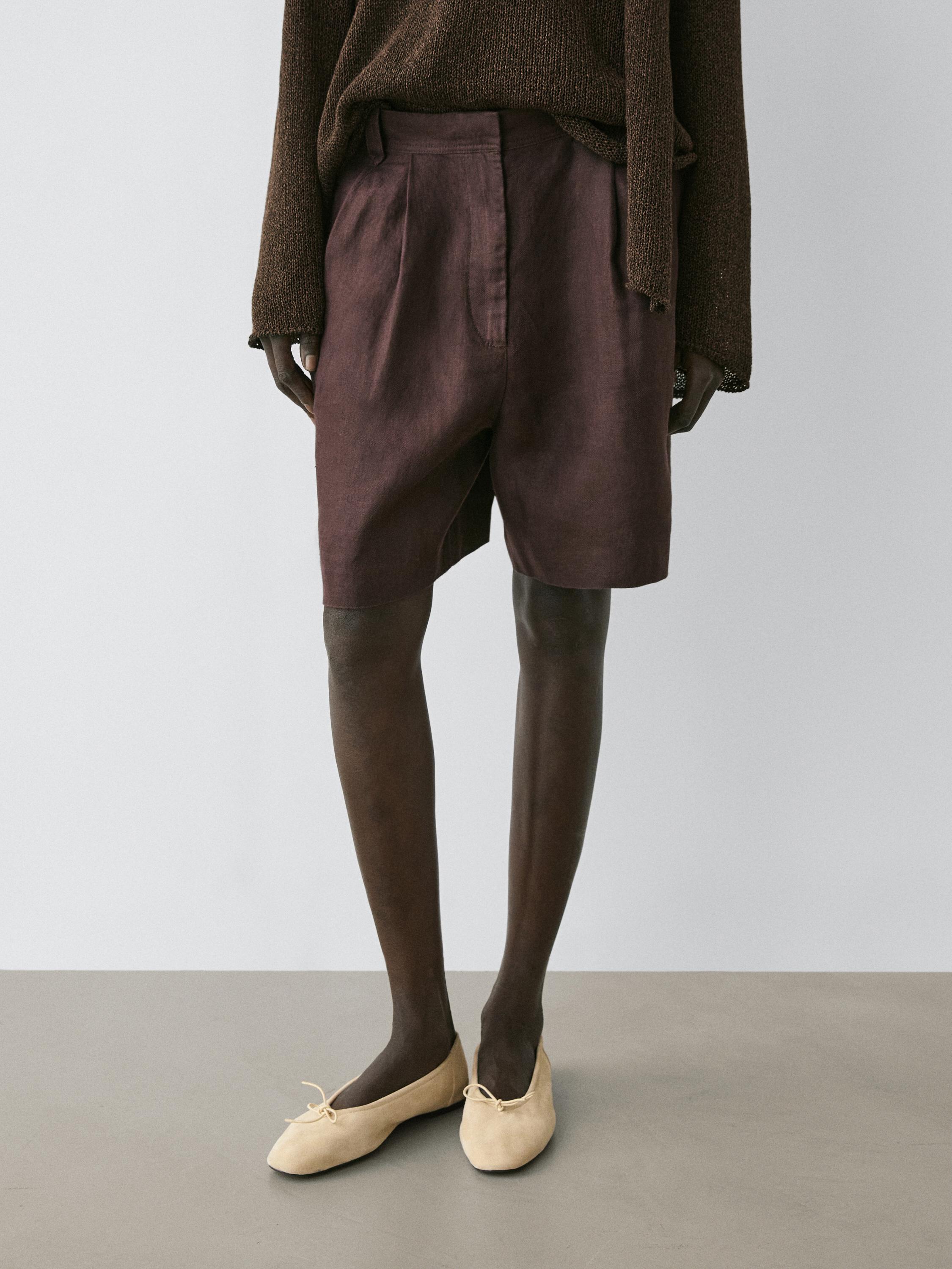 100% linen short pleated Bermuda shorts — AUBERGINE