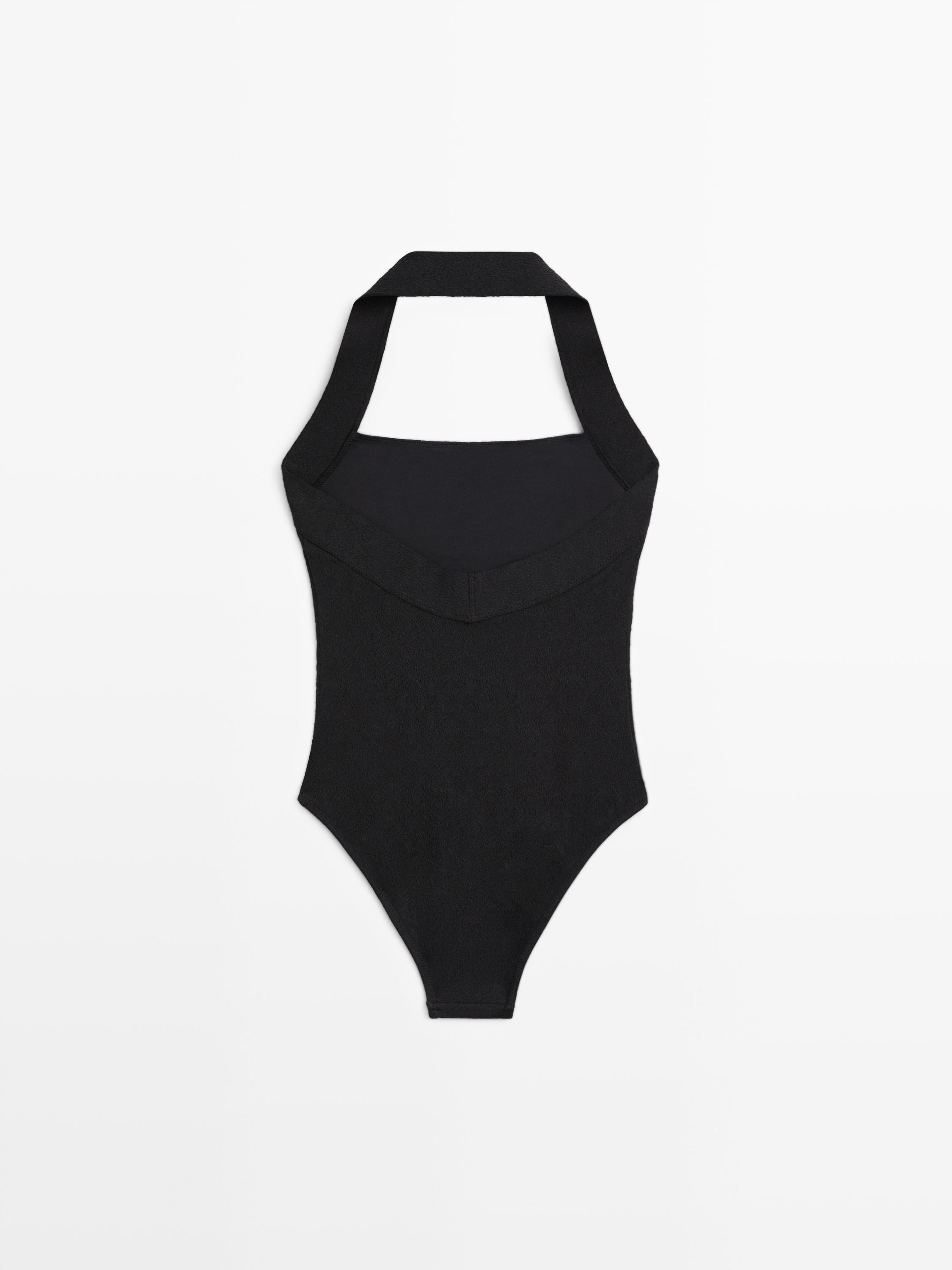 Textured halter swimsuit — BLACK