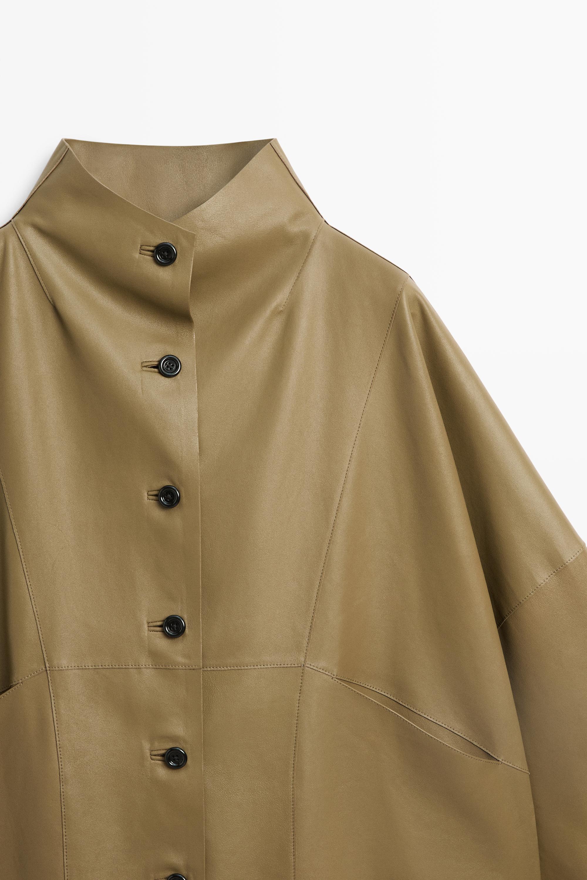 Stand collar nappa leather cropped jacket — KHAKI