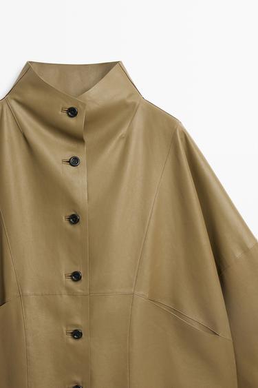 Stand collar nappa leather cropped jacket — KHAKI 4
