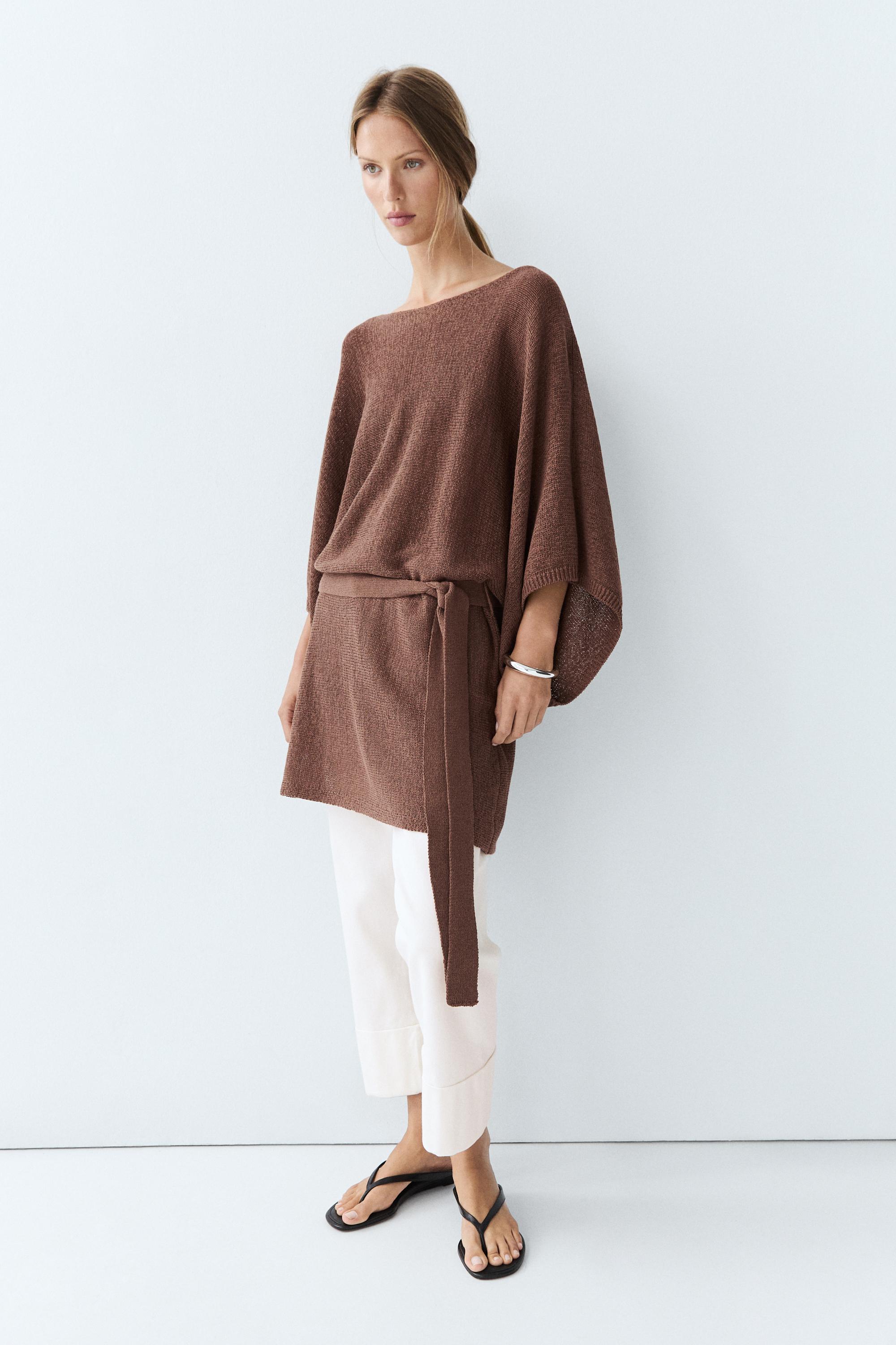 Cotton blend knit sweater with belt — BROWN
