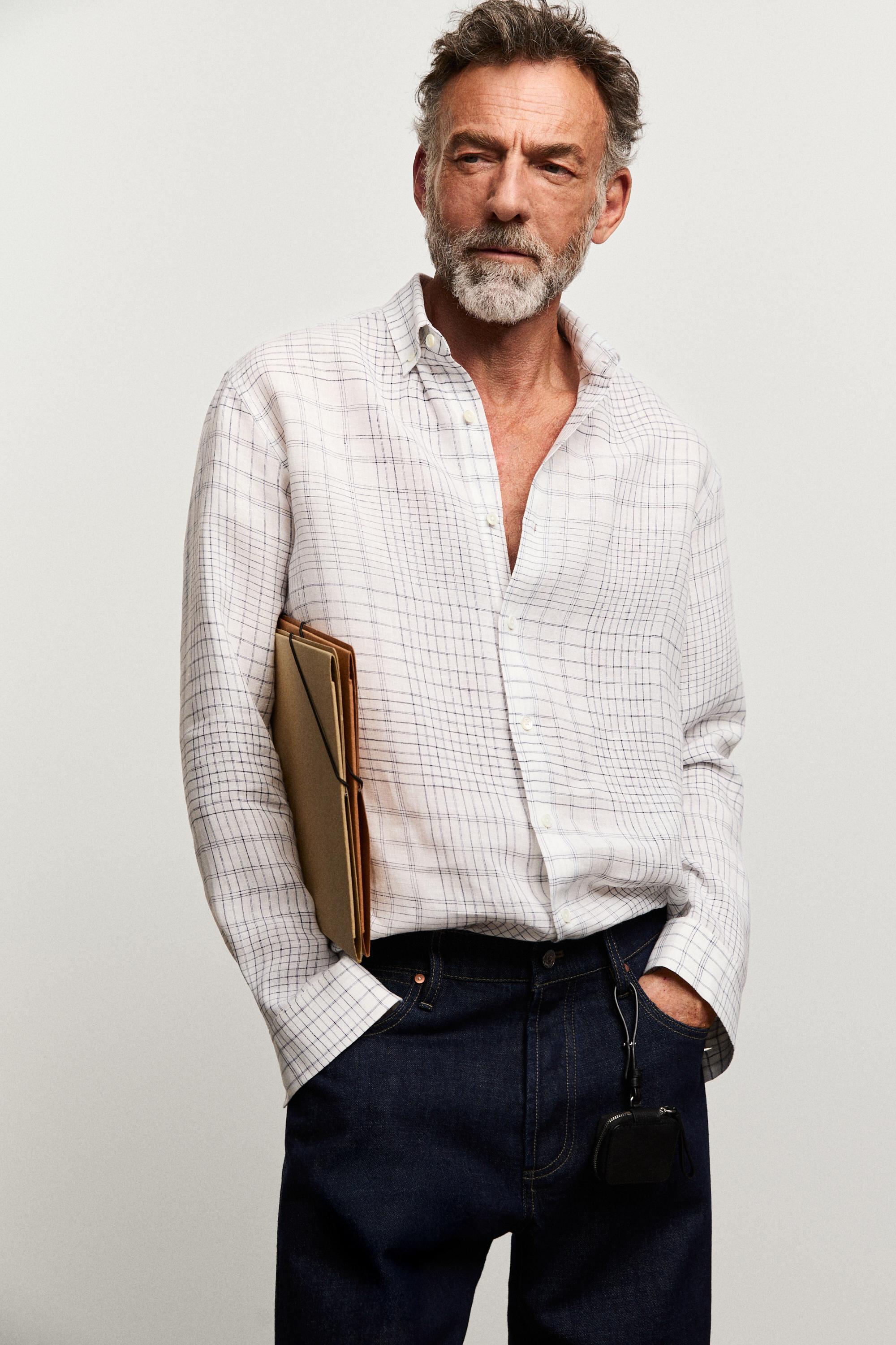 100% linen regular fit check shirt — WHITE