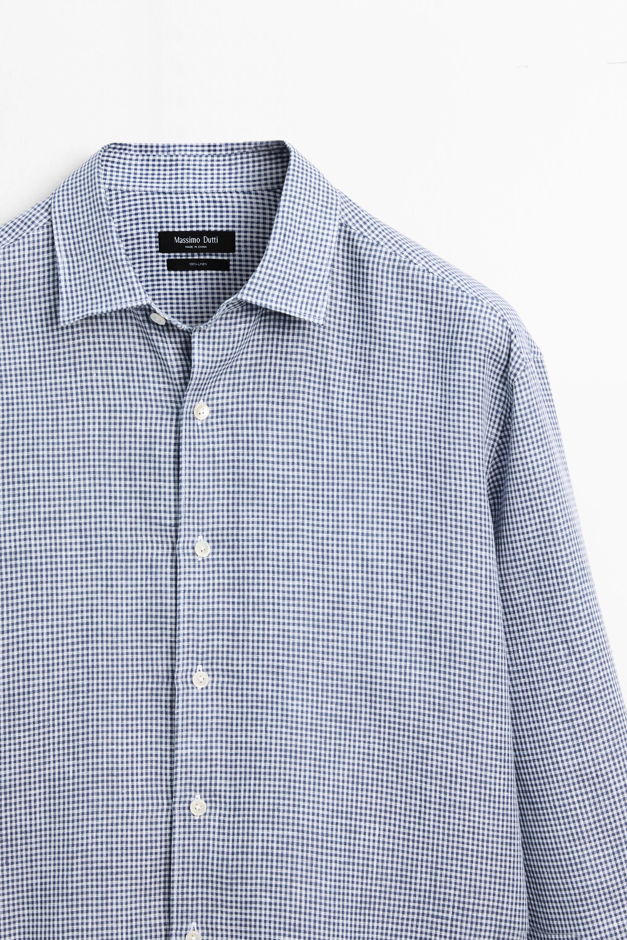 100% linen regular fit gingham shirt — NAVY BLUE