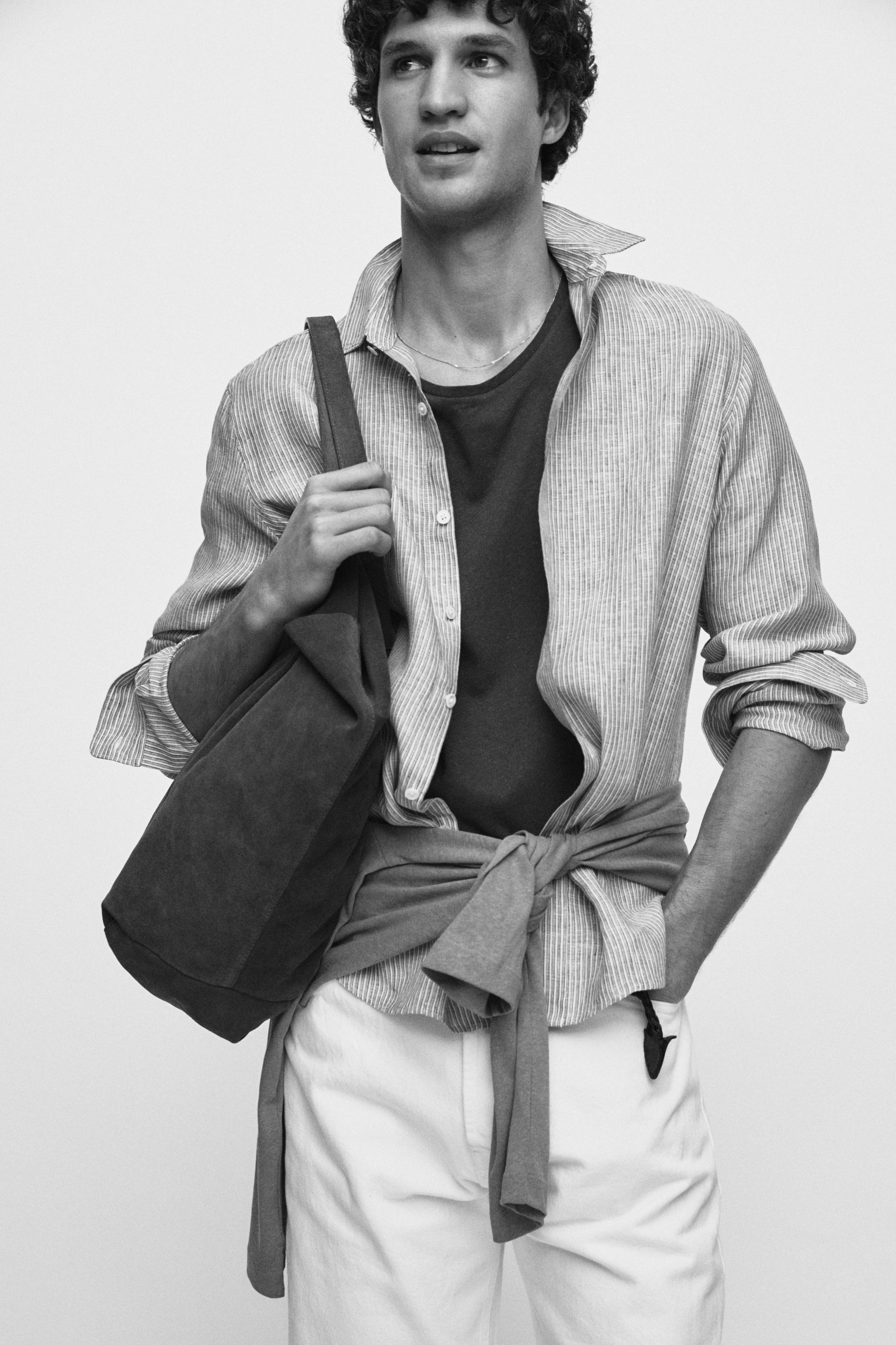 100% linen regular fit striped shirt — BLUE