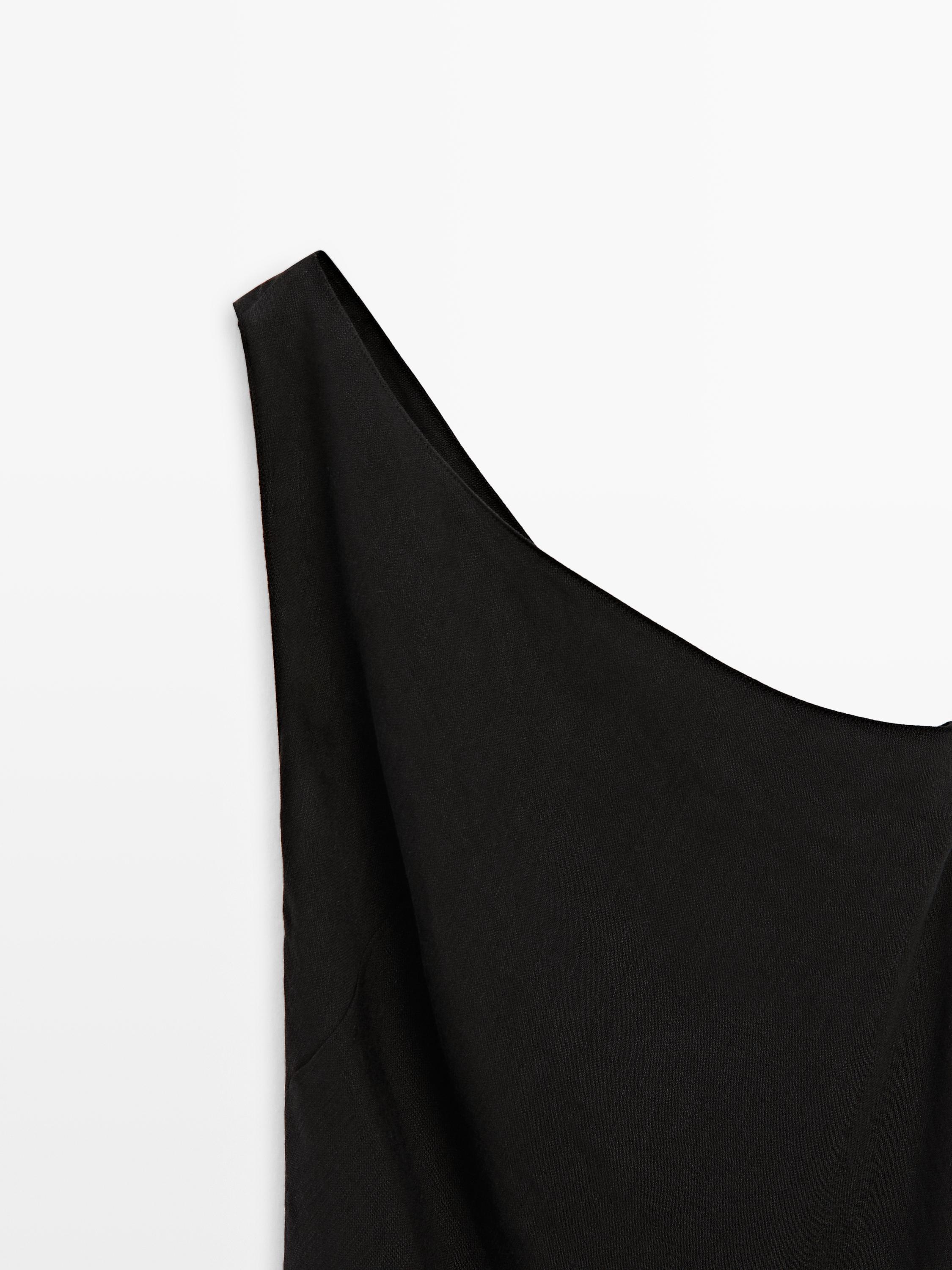 Asymmetric linen blend top with back detail — BLACK