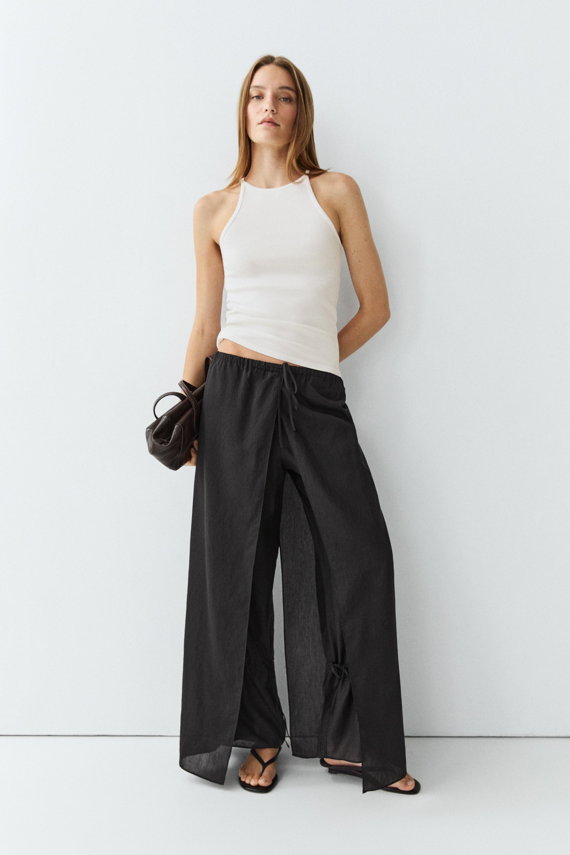 Double-layer pants with tie detail — BLACK