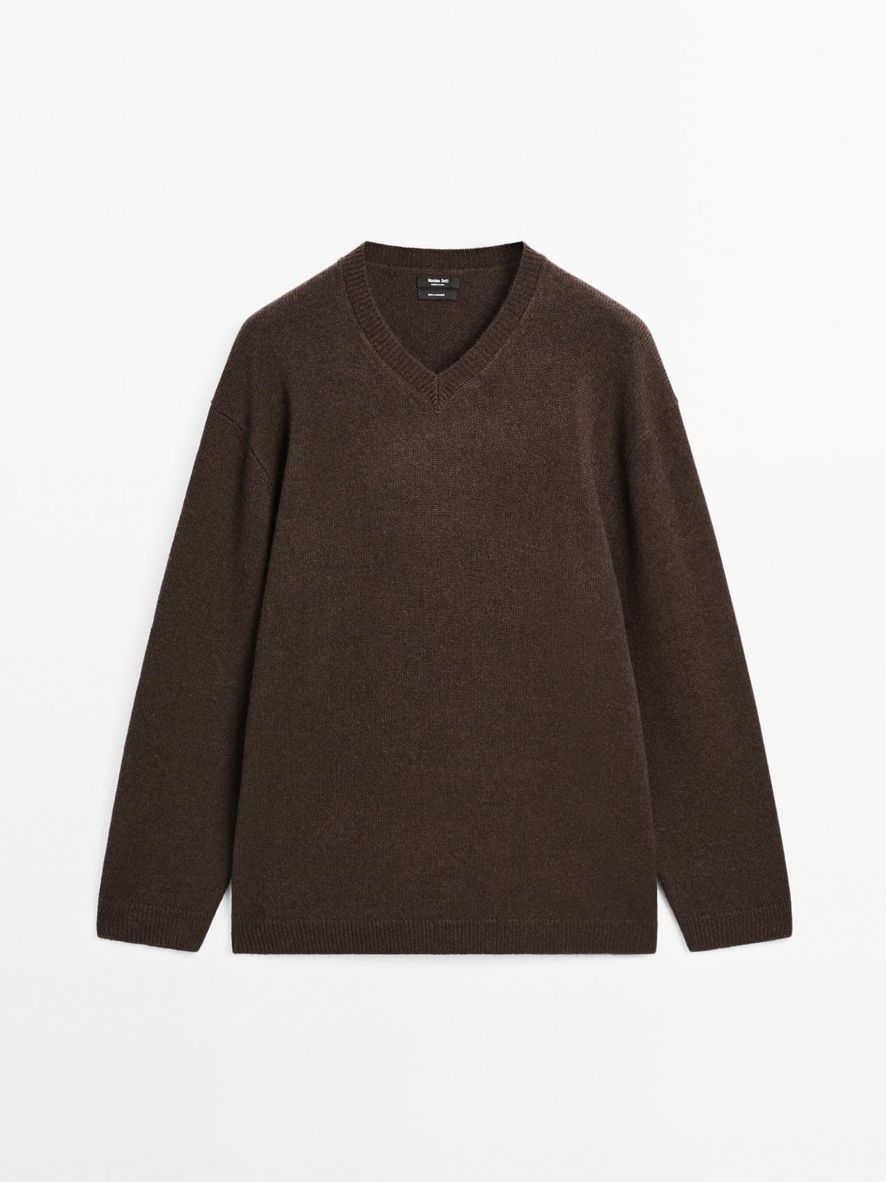 Massimo Dutti - Dame - Oversize Trøje I 100 % Kashmir Med V-Udskæring - Chokolade - M