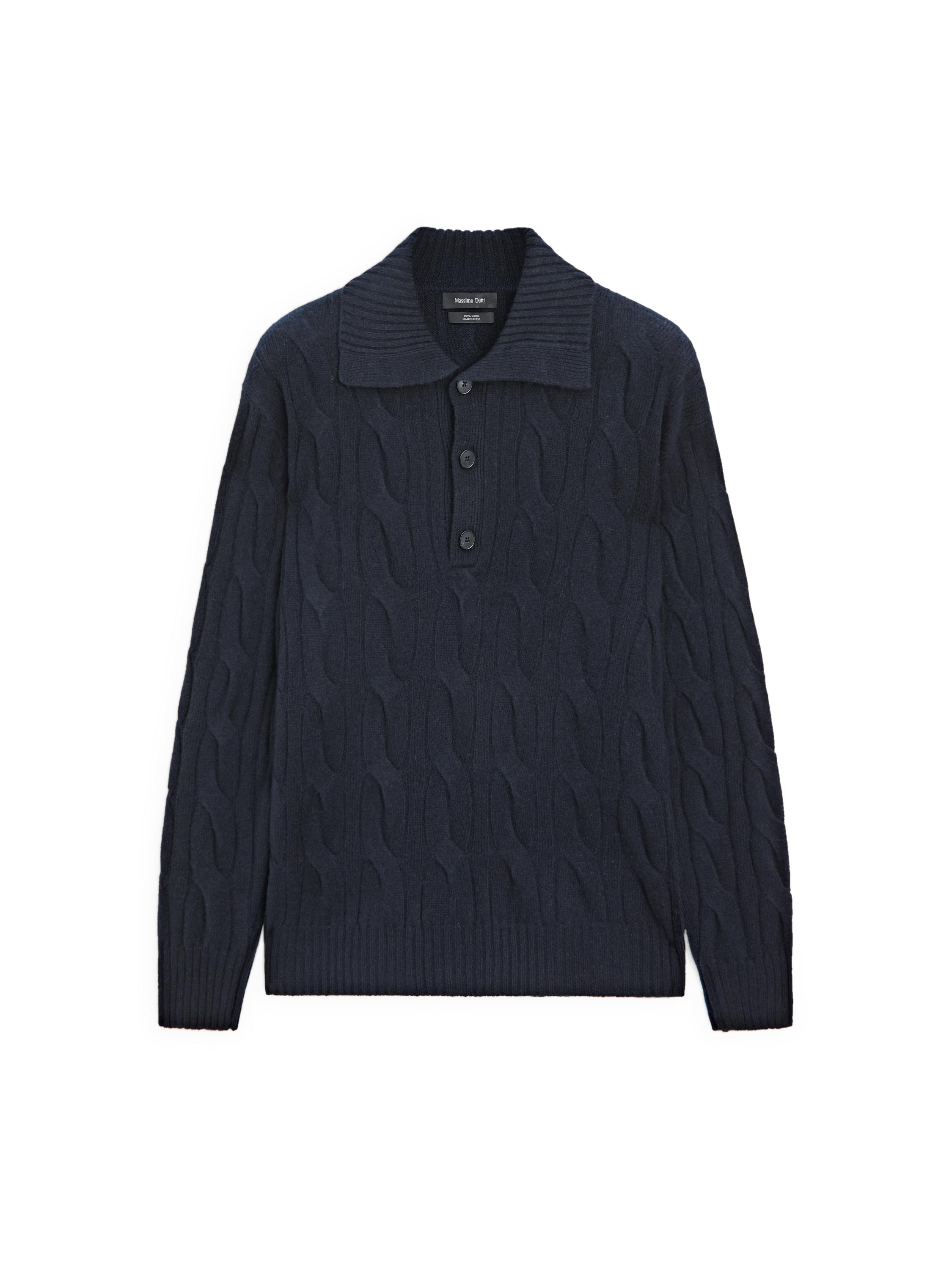 Wool cable-knit polo sweater — NAVY BLUE