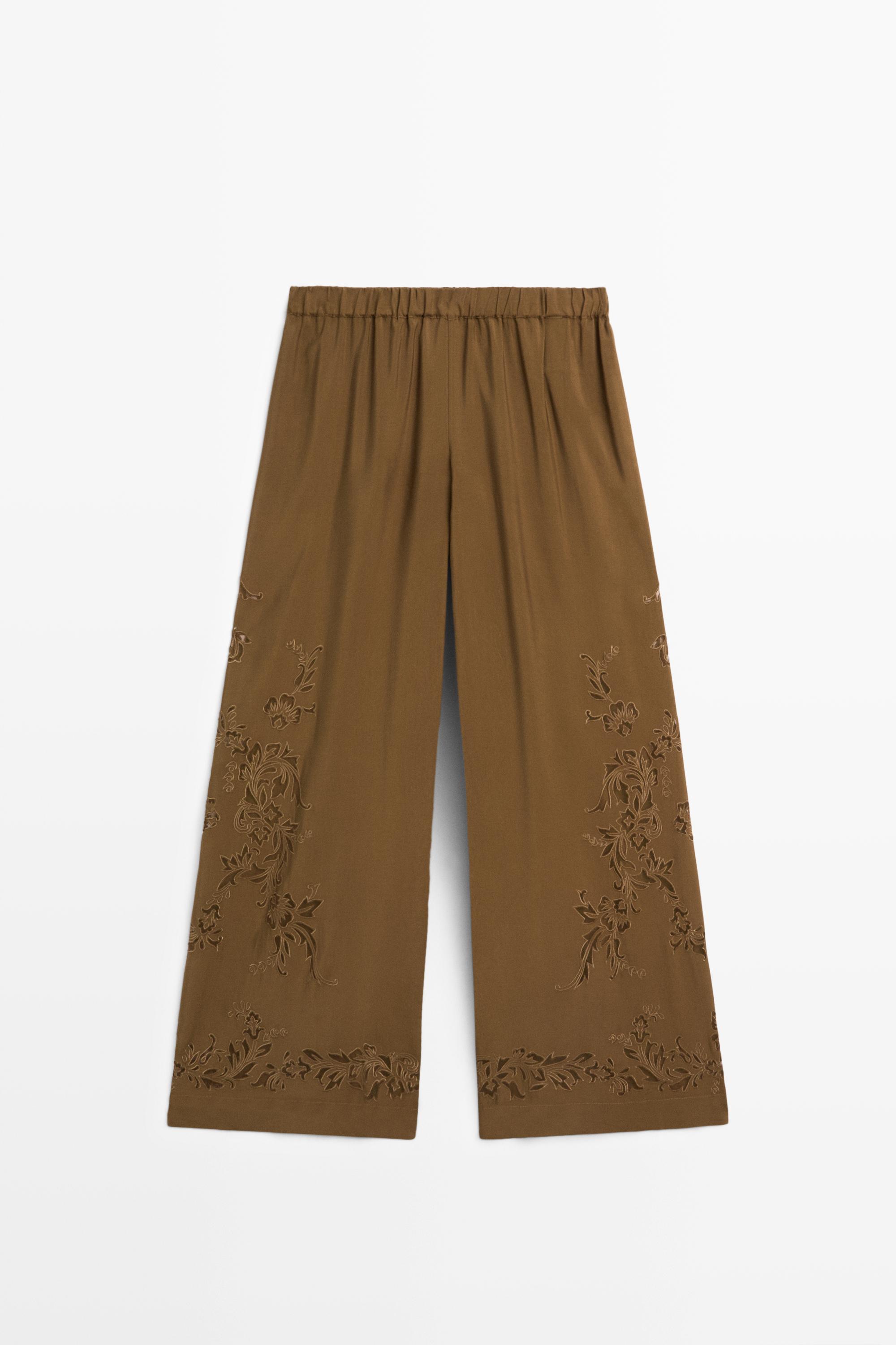 Flowing wide-leg pants with embroidery details — KHAKI