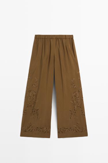 Flowing wide-leg pants with embroidery details — KHAKI 2