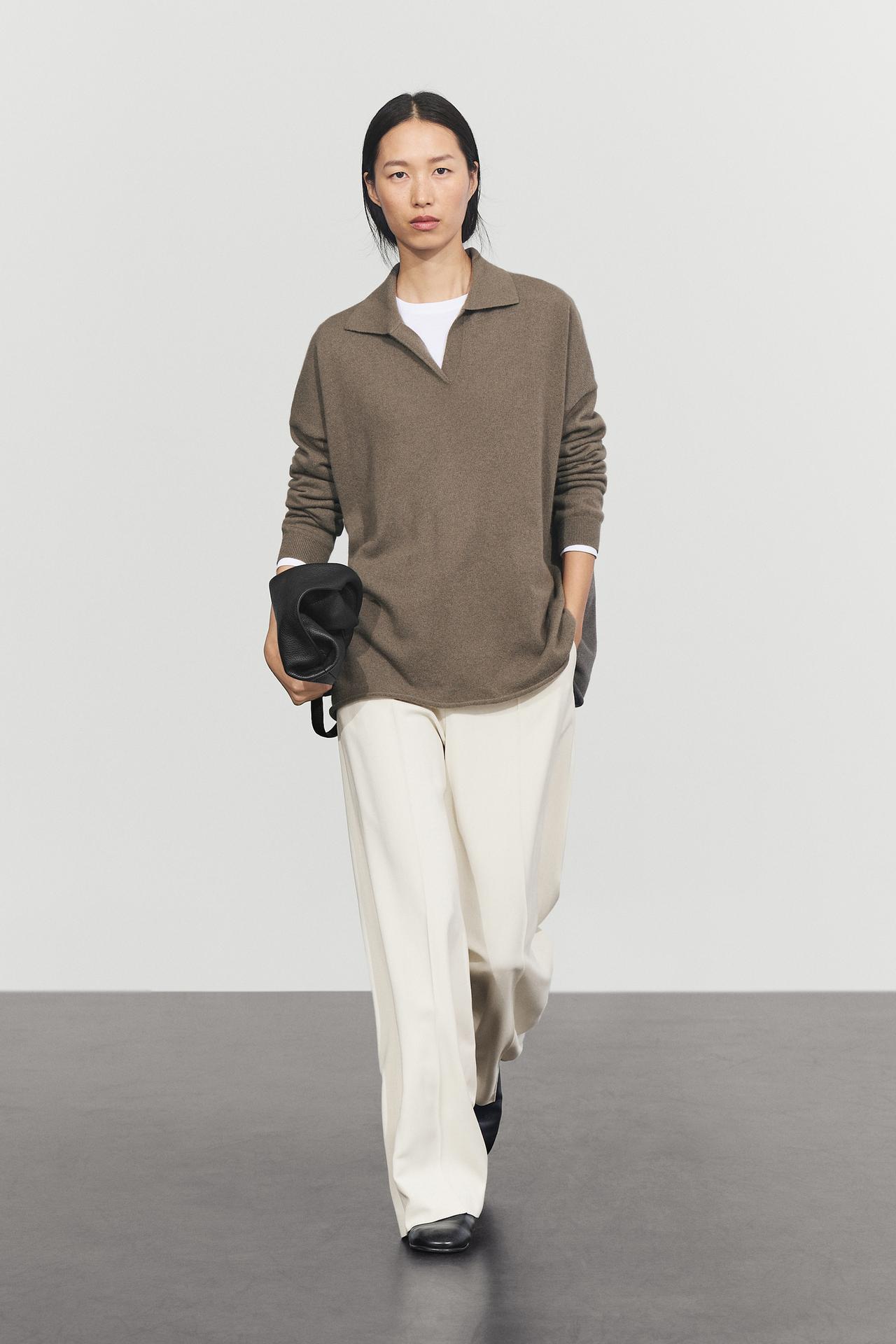 100% cashmere oversize polo collar sweater — GREEN MARL