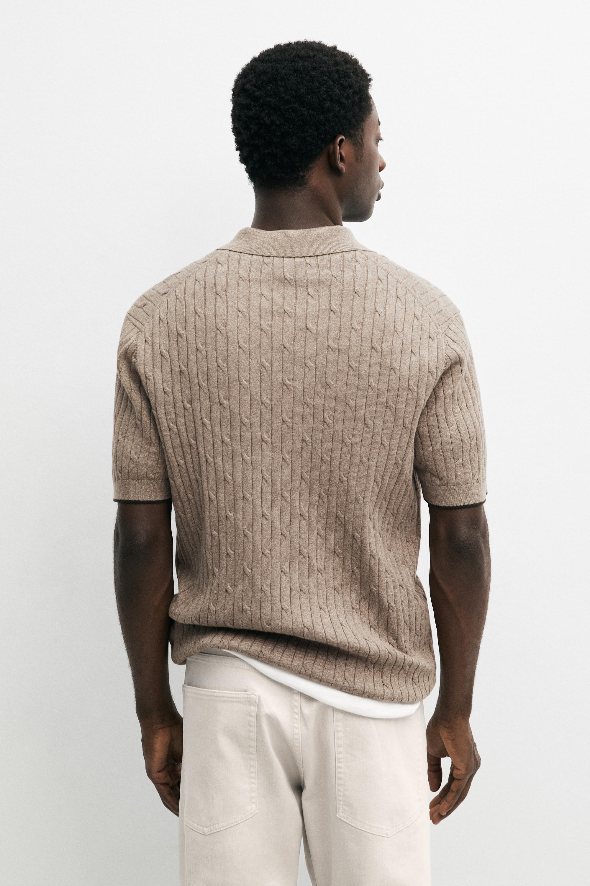 Cotton blend cable-knit polo sweater — Dark beige