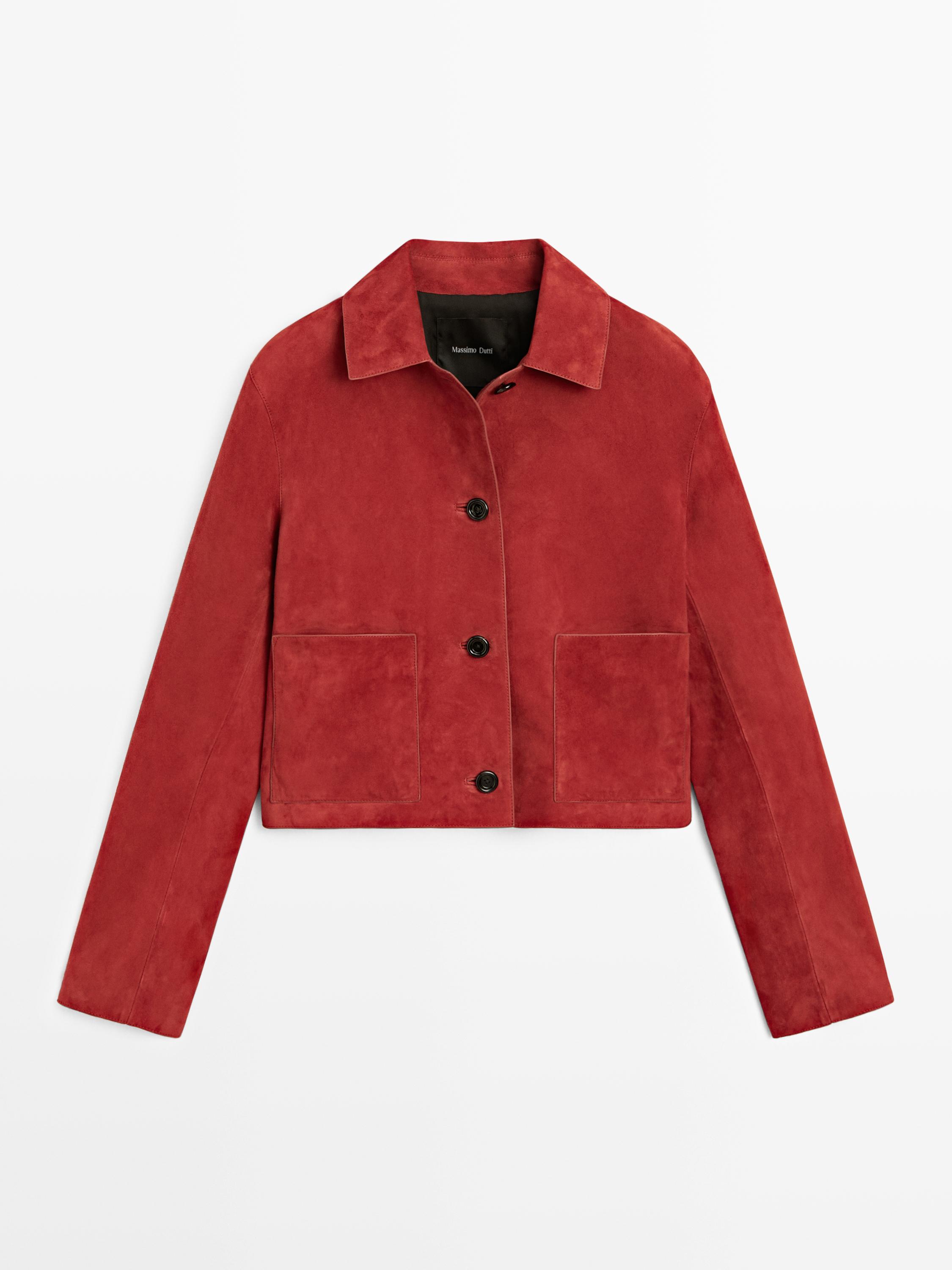 Front view of a red cropped jacket with a classic collar, central button closure, and large front pockets.