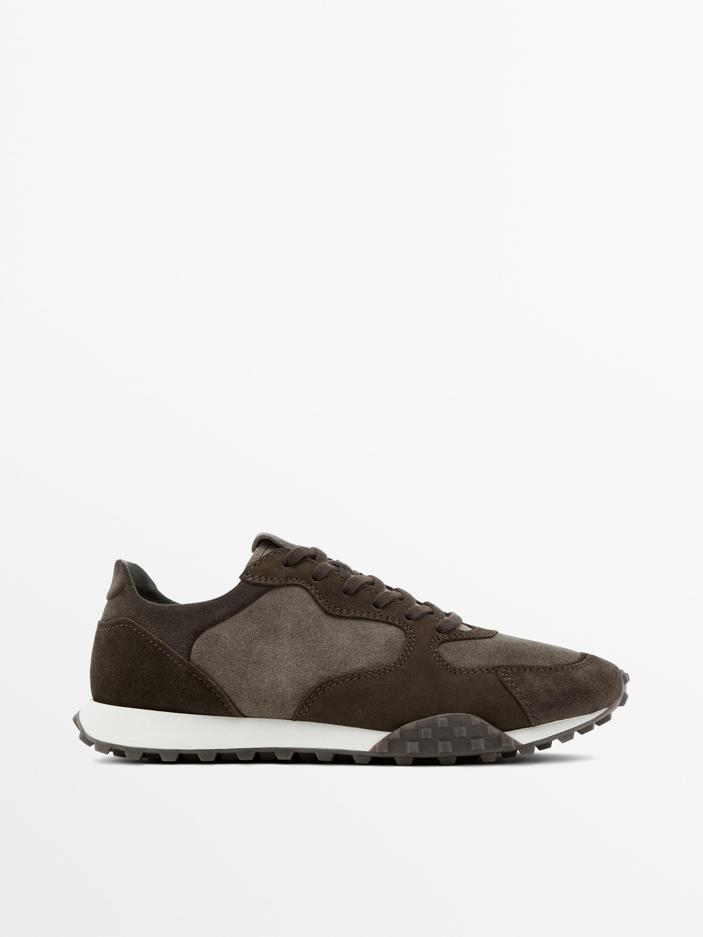 Contrast leather trainers — BROWN