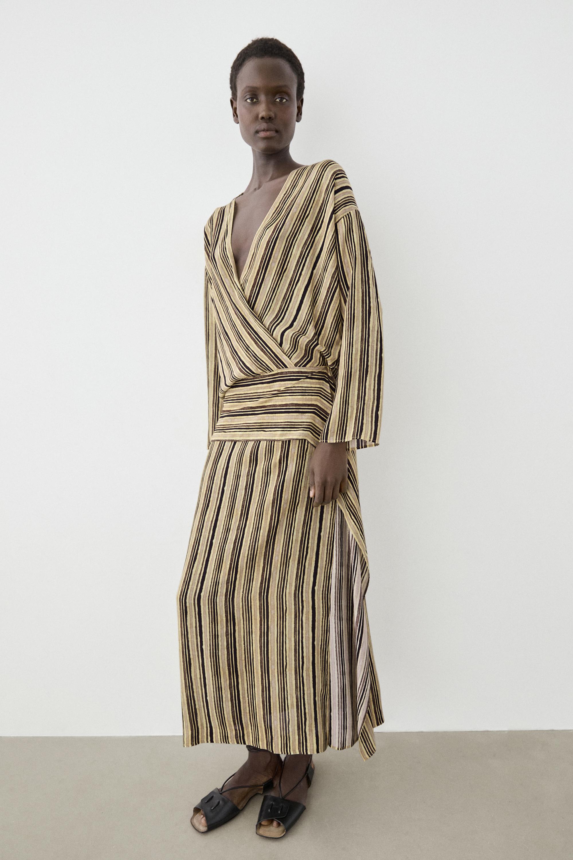 Striped midi dress with corset belt — Mustard
