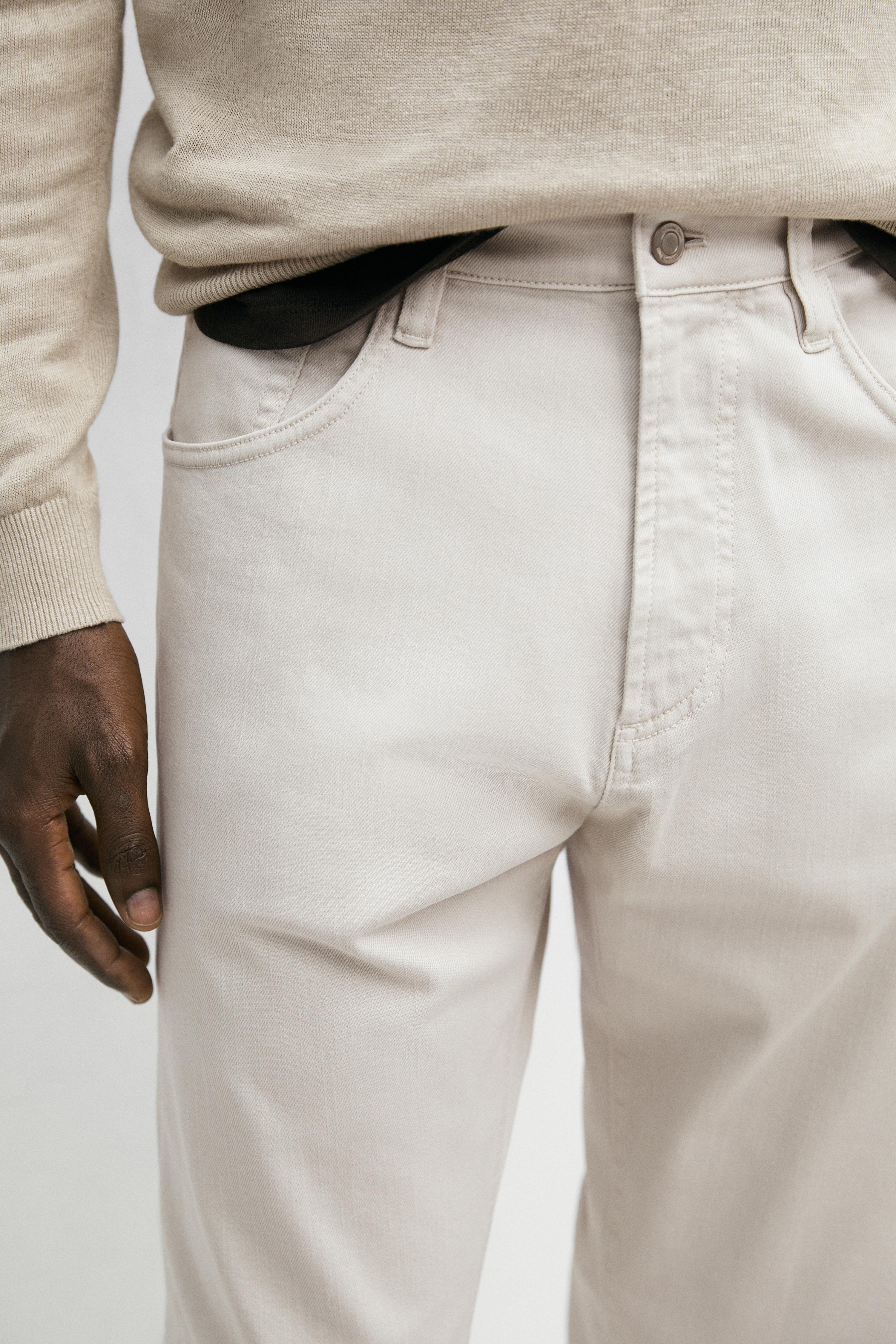 Lightweight tapered fit denim-effect trousers — STONE