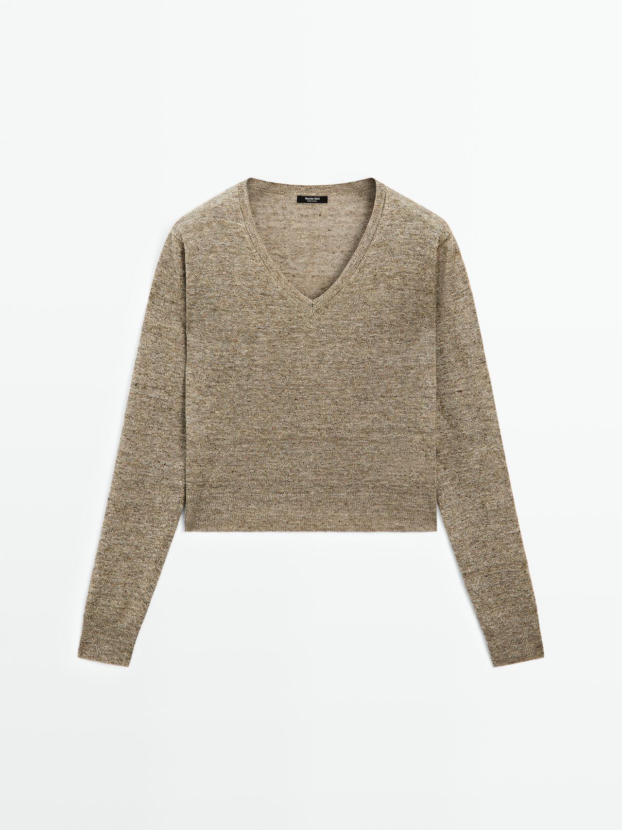 Jersey Punto 100% Lino Melange - Verdoso - M - Massimo Dutti - Mujer