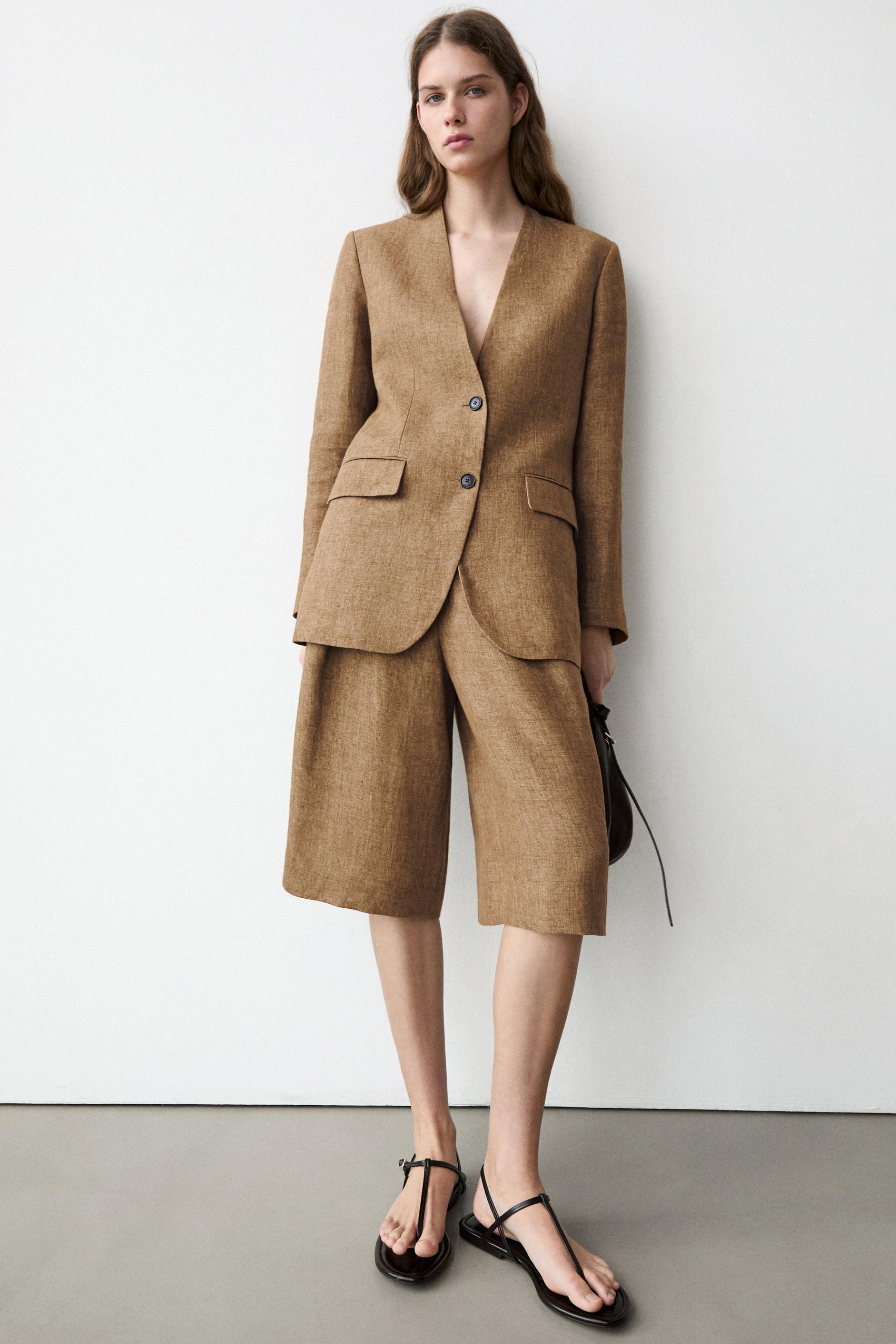 Melange linen suit Bermuda shorts — CAMEL
