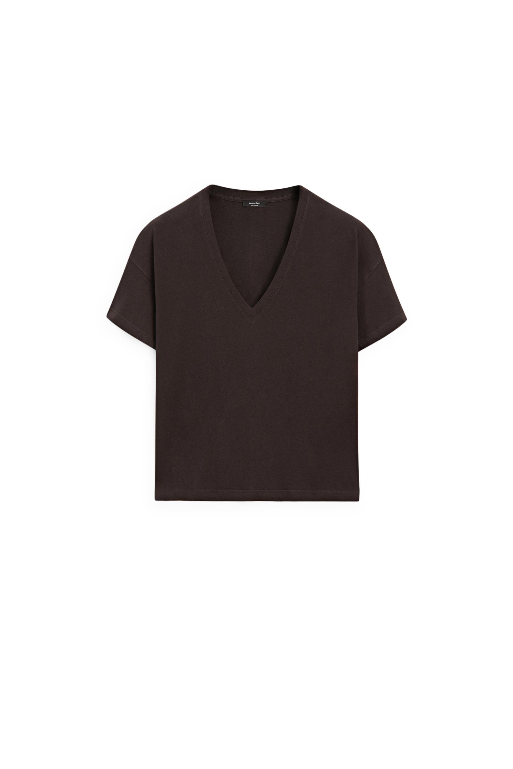 Flowing cropped fit V-neck T-shirt — BROWN