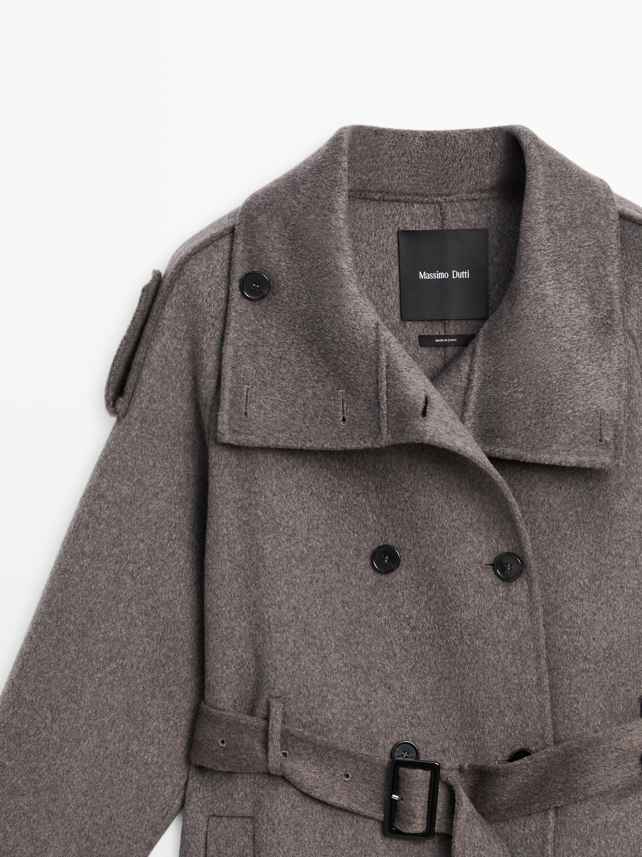 Trench long ceinture en laine mélangée