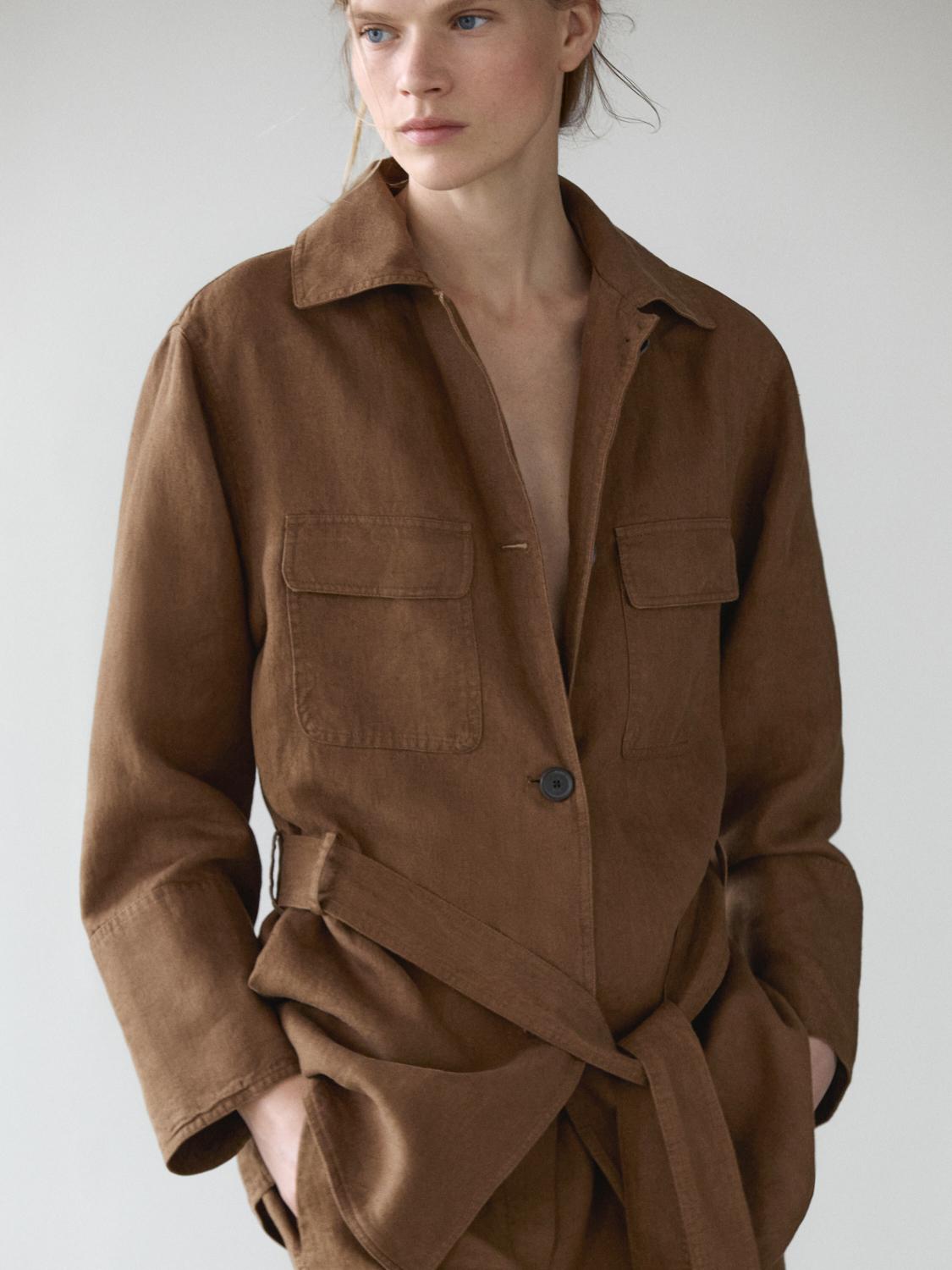 100% linen blazer with pockets and belt detail — BROWN