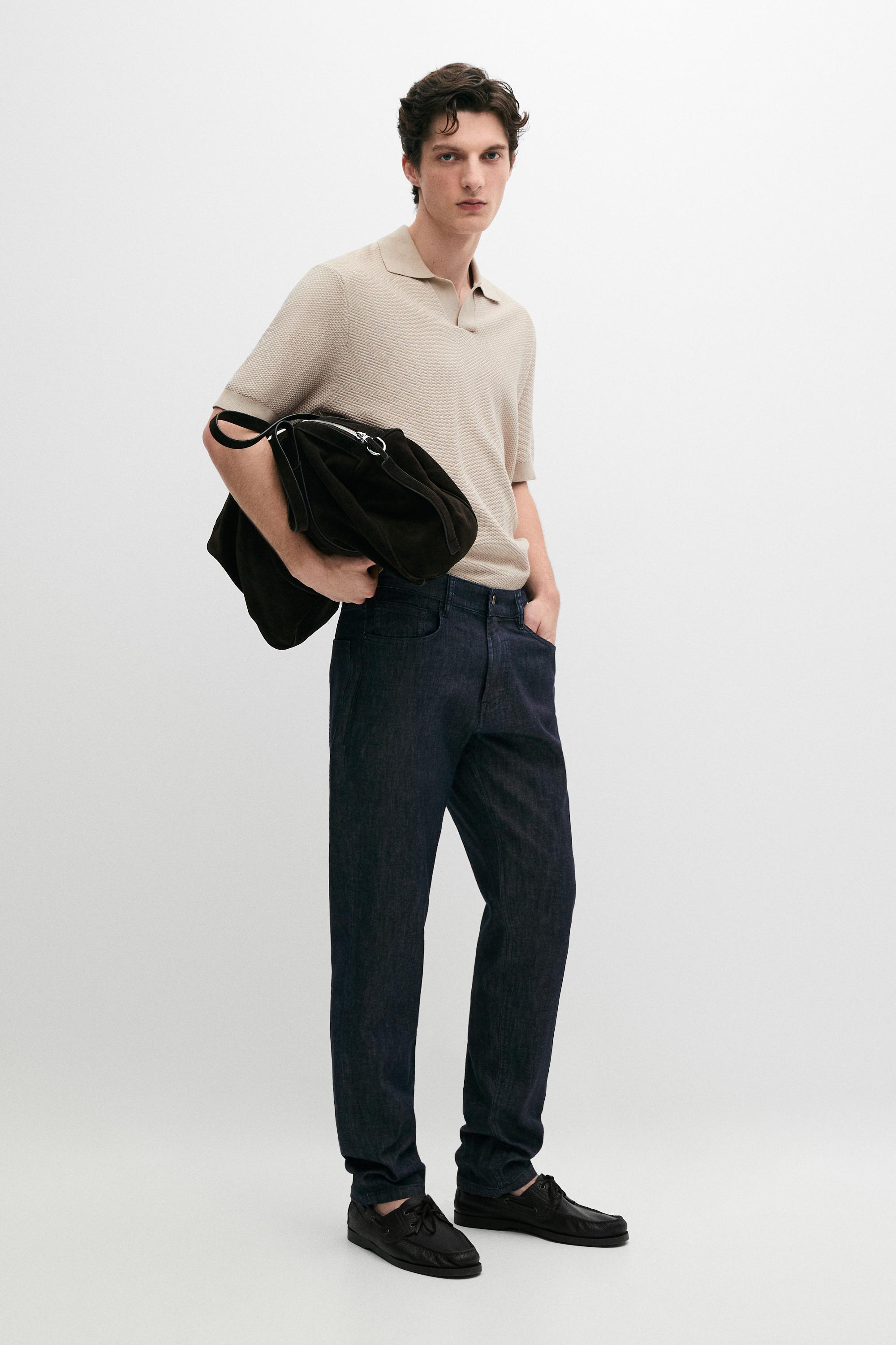 Lightweight tapered fit denim-effect trousers