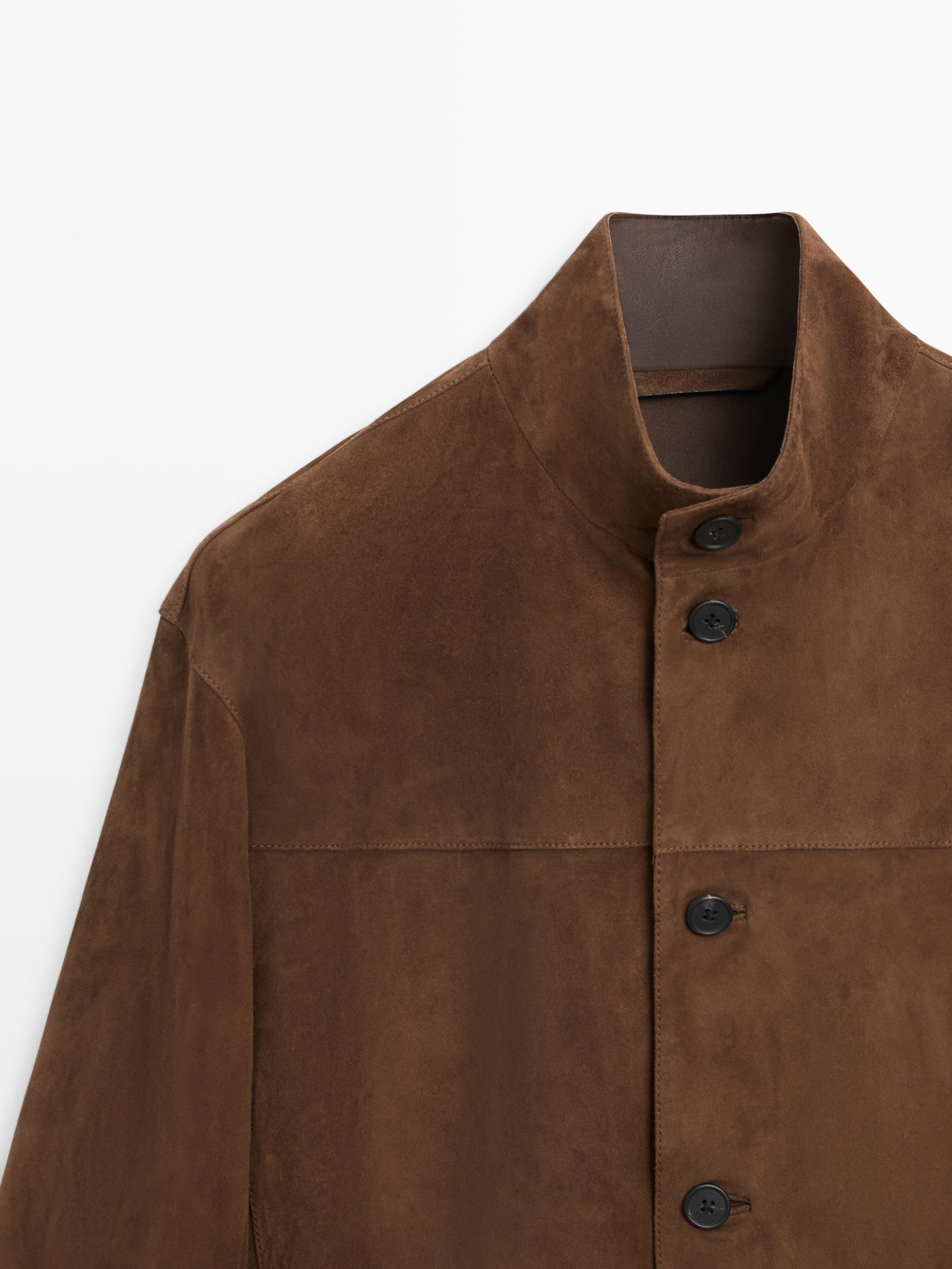Suede leather high neck jacket — Tobacco brown