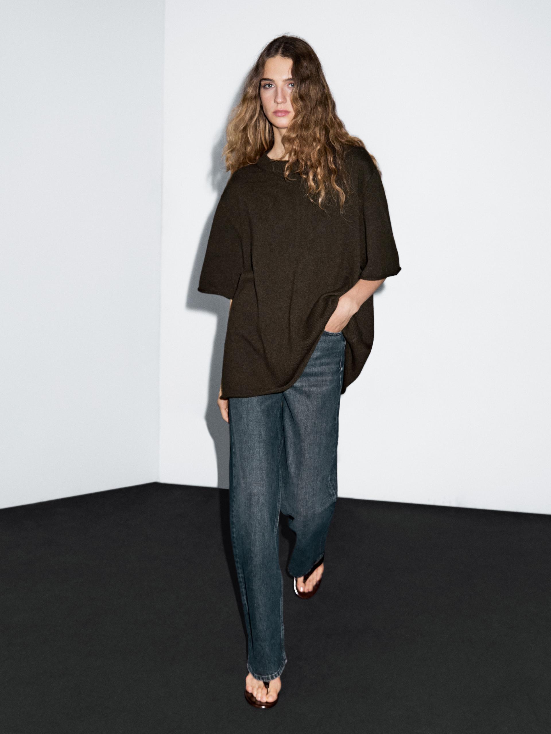 Dzianinowy Sweter Oversize Z Krótkim Rękawem - Brązowy - M - Massimo Dutti - Kobieta