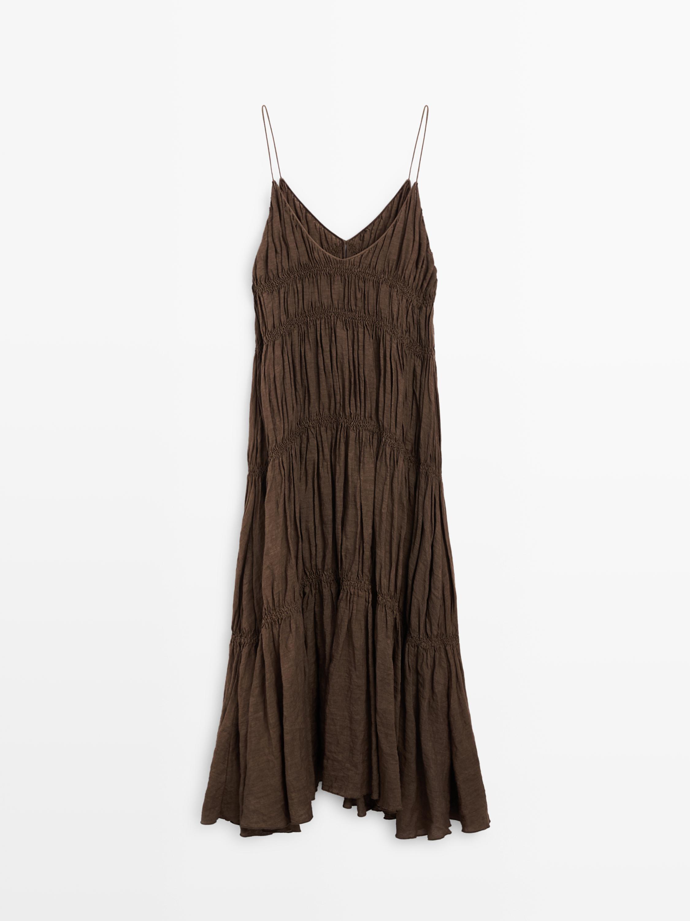 100% linen long dress with gathered detail · Chocolate, Red · Smart /  Dresses And Jumpsuits | Massimo Dutti