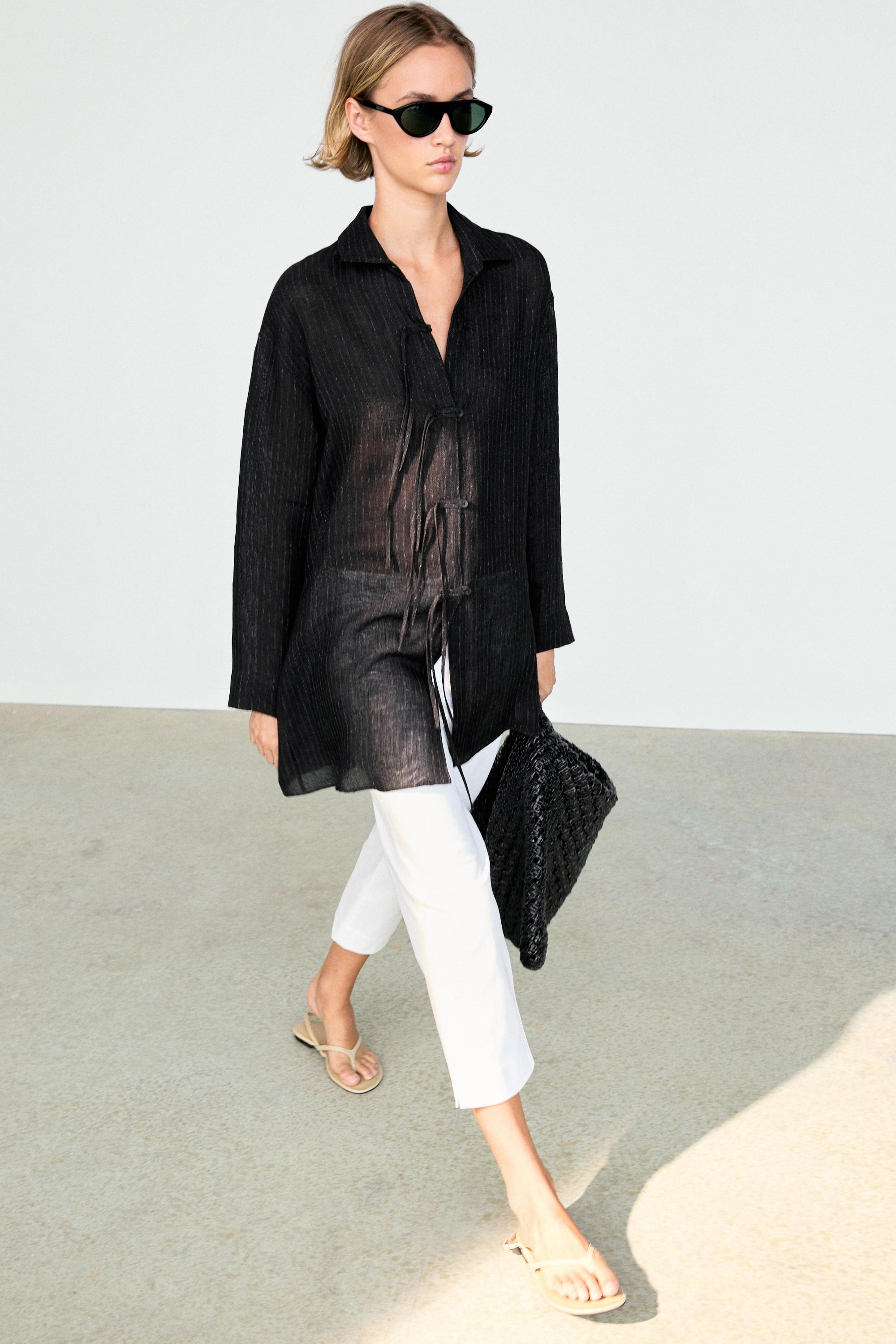 Striped linen blend oversize blouse with button detail — BLACK