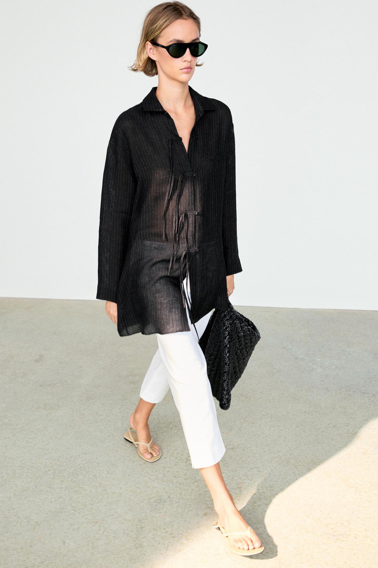 Striped linen blend oversize blouse with button detail — BLACK