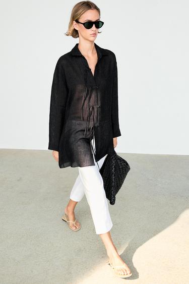 Striped linen blend oversize blouse with button detail — BLACK 8