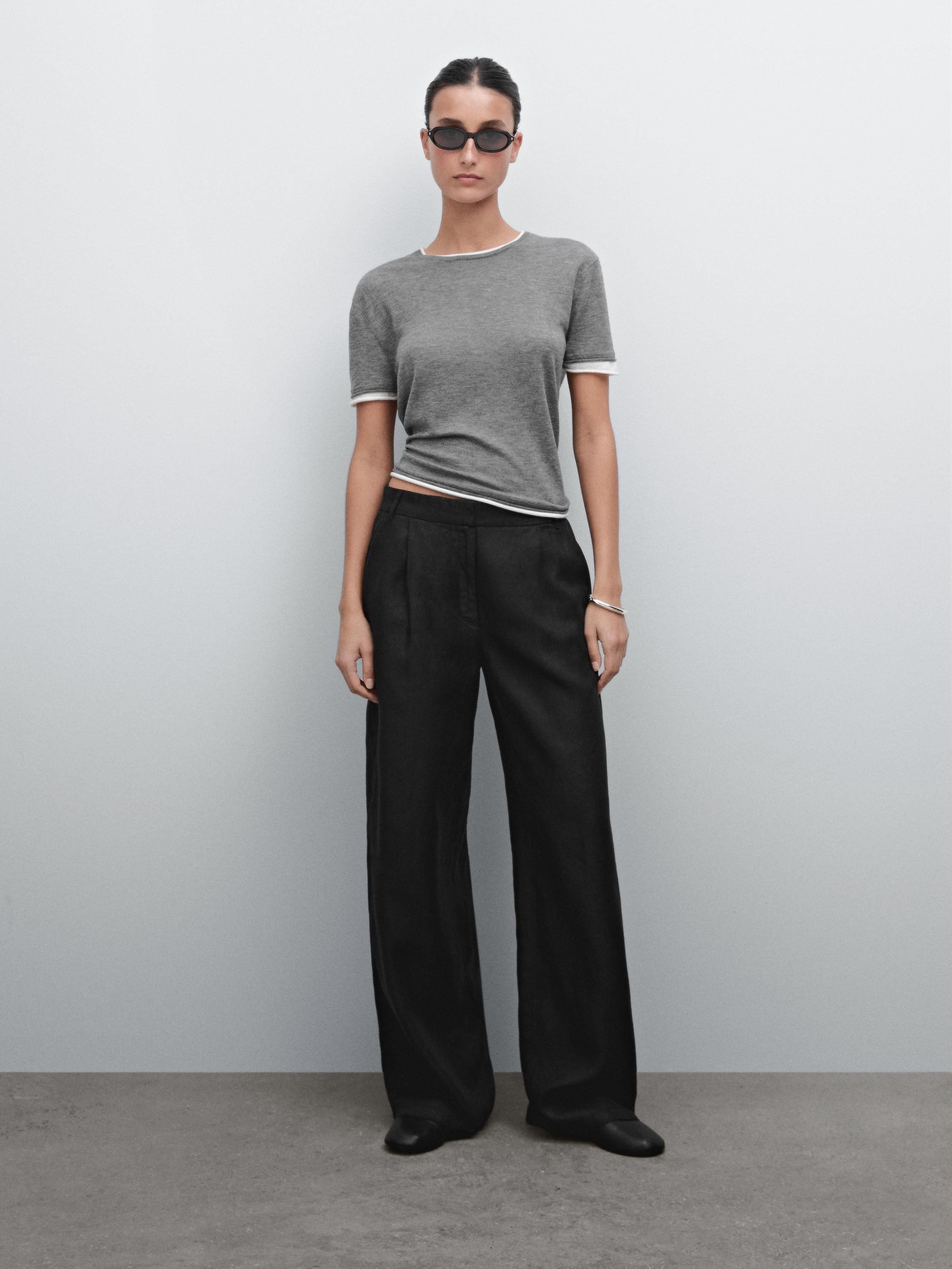 100% linen wide-leg elastic detail trousers