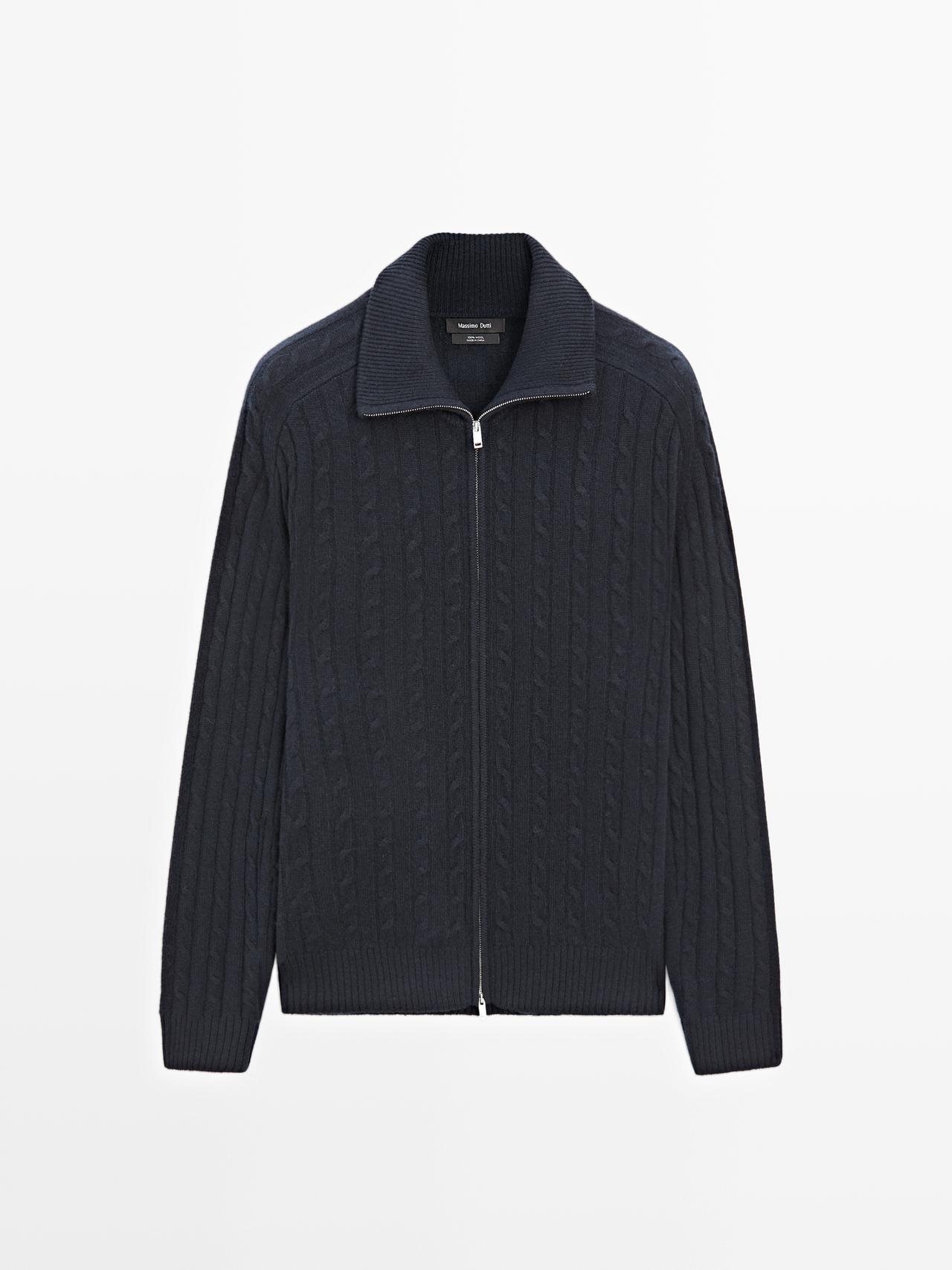 Massimo Dutti - Herre - Cardigan I Kabelstrik Med 100% Uld - Marineblå - M