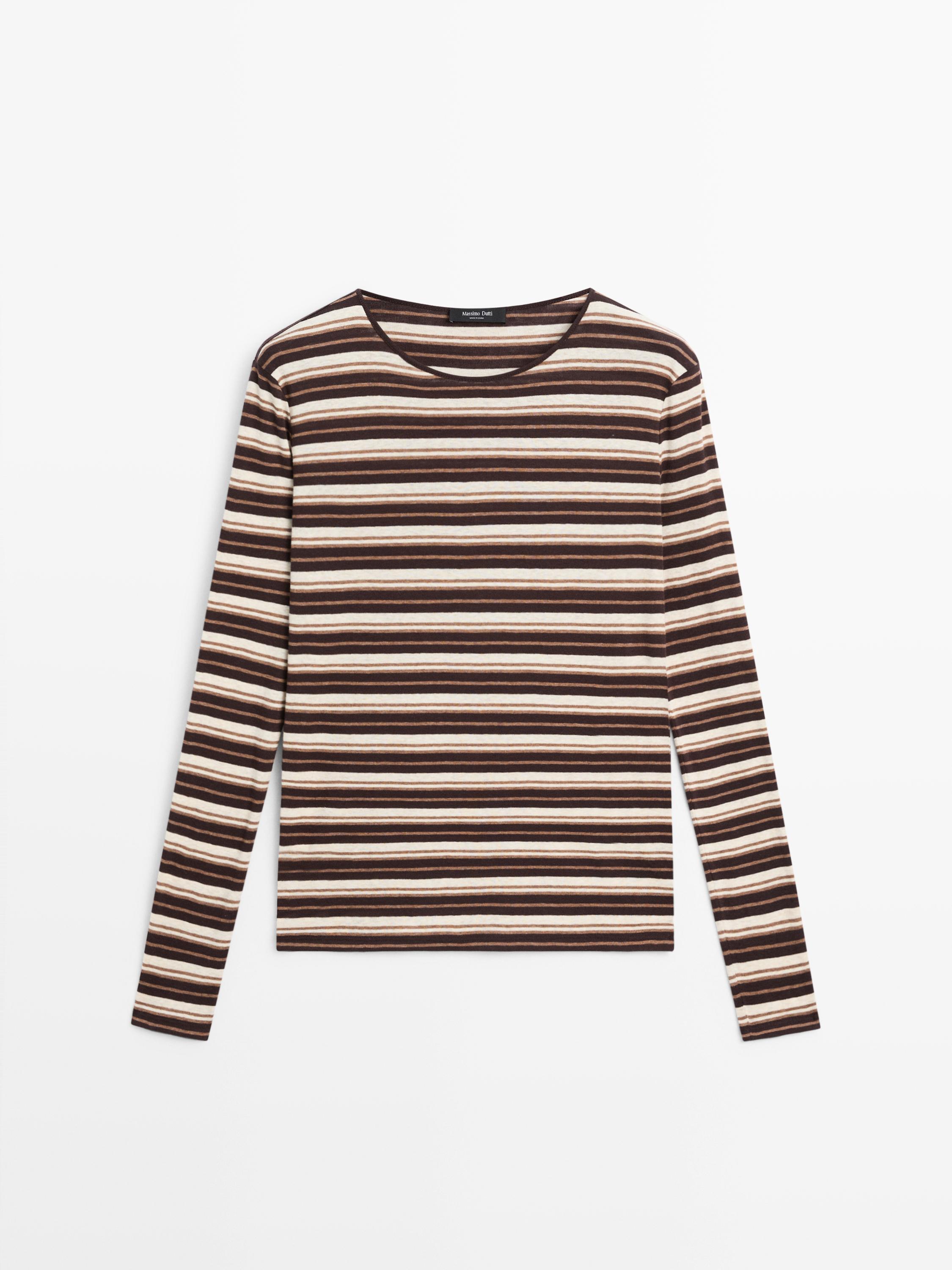 Front view of a brown long-sleeve t-shirt with a horizontal stripe pattern in beige and dark brown tones.