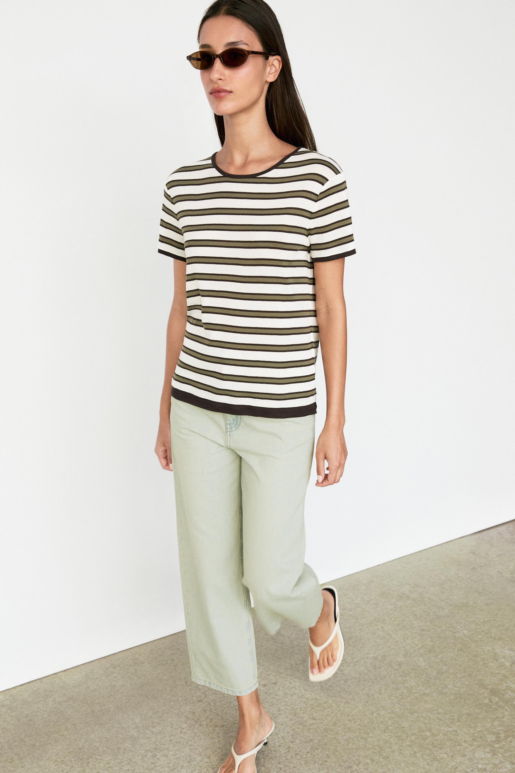 100% cotton short sleeve striped T-shirt — KHAKI