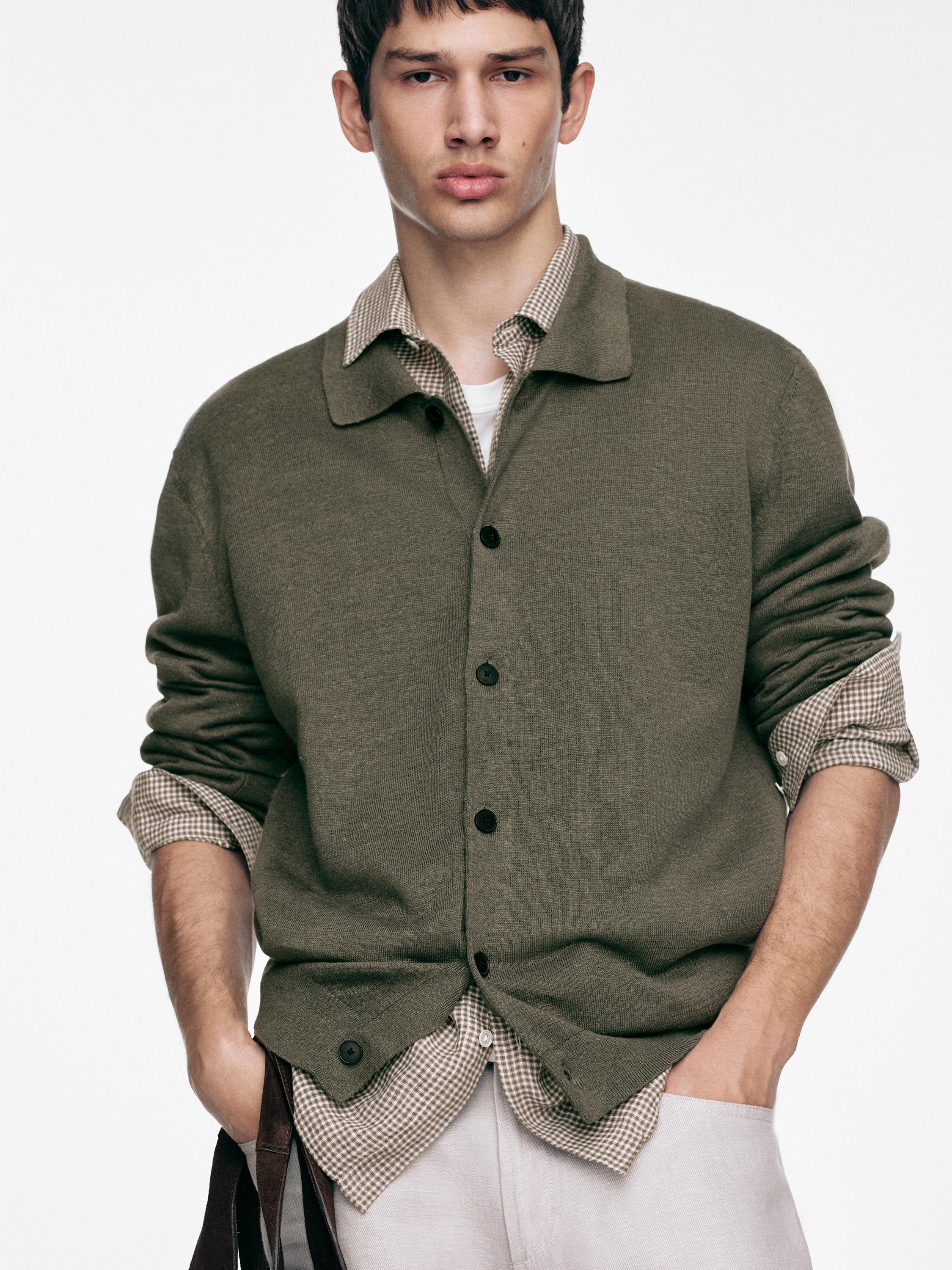 Linen knit cardigan with buttons — PALE KHAKI