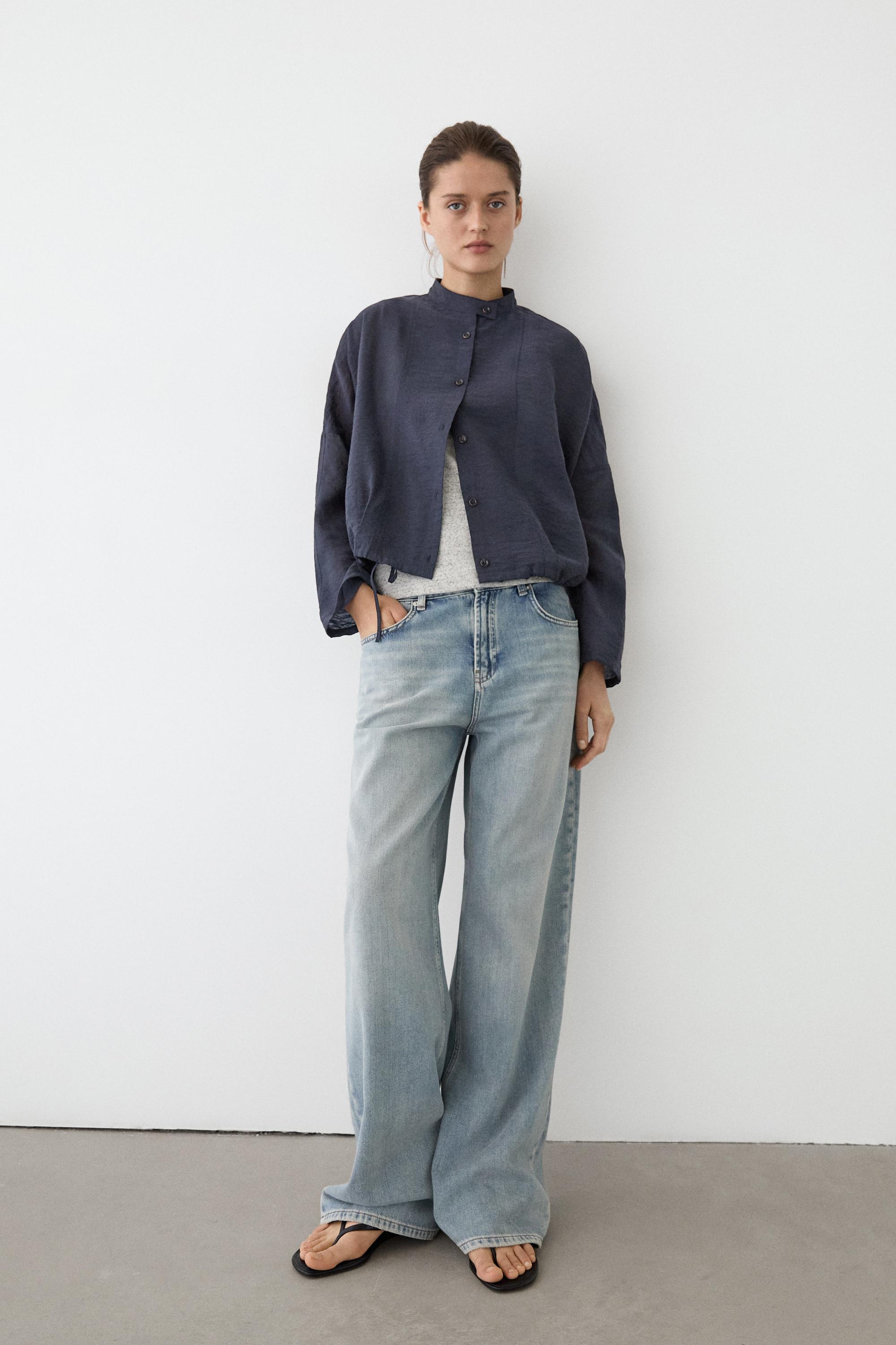 Stand collar bomber jacket with button details — MEDIUM BLUE