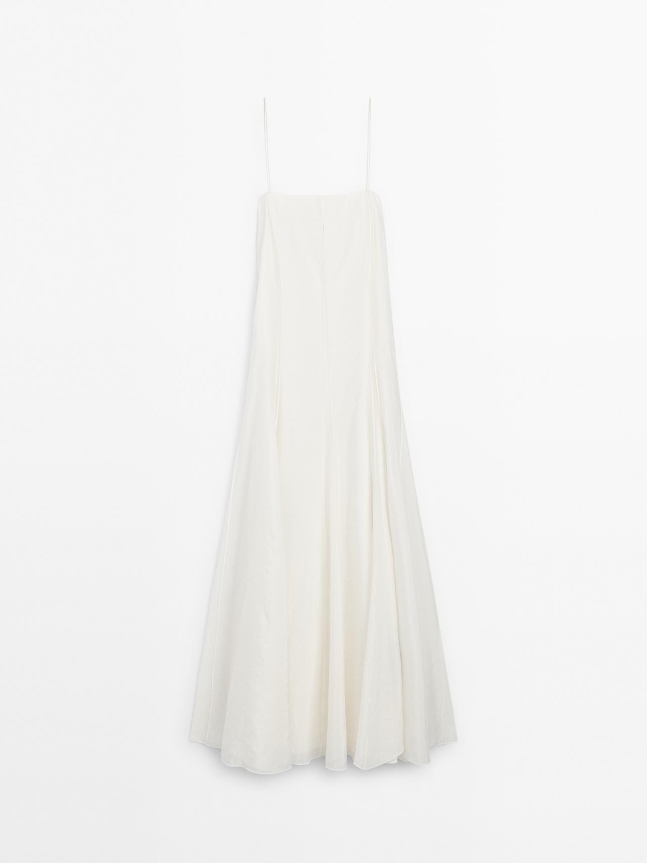 Massimo Dutti - Dame - Midikjole Med Stropper Og Blødt Fald - Råhvid - 36