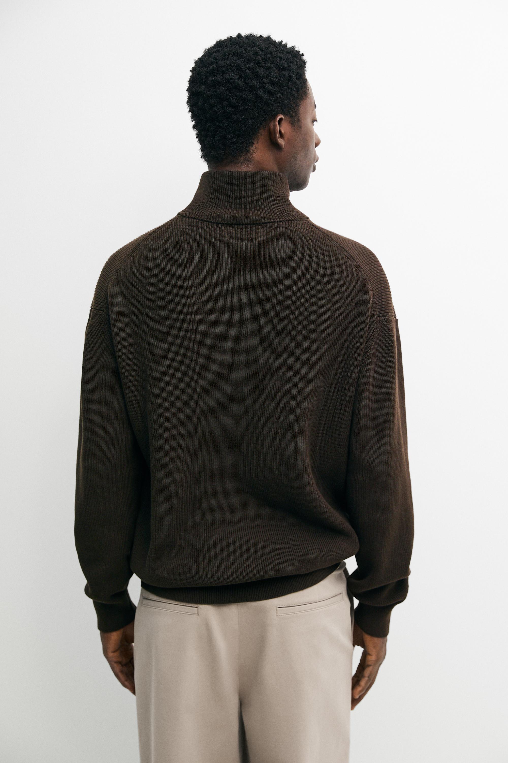 100% cotton mock neck knit sweater — BROWN MARL